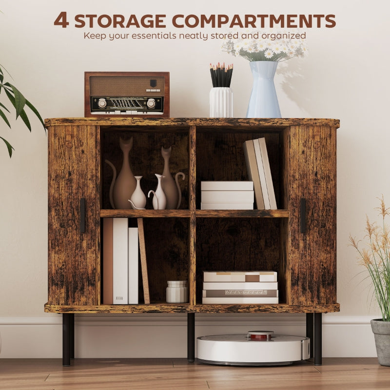 Sideboard Storage Cabinet with Slatted Tambour Doors, Steel Legs, Rustic Brown