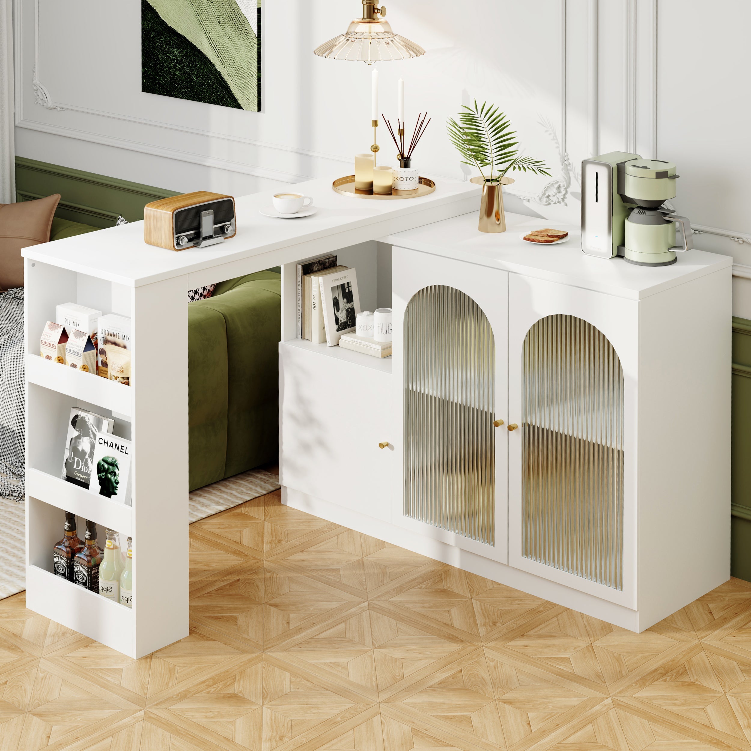 Bar Table, 360° Rotating Dining Cabinet with Glass Door, White