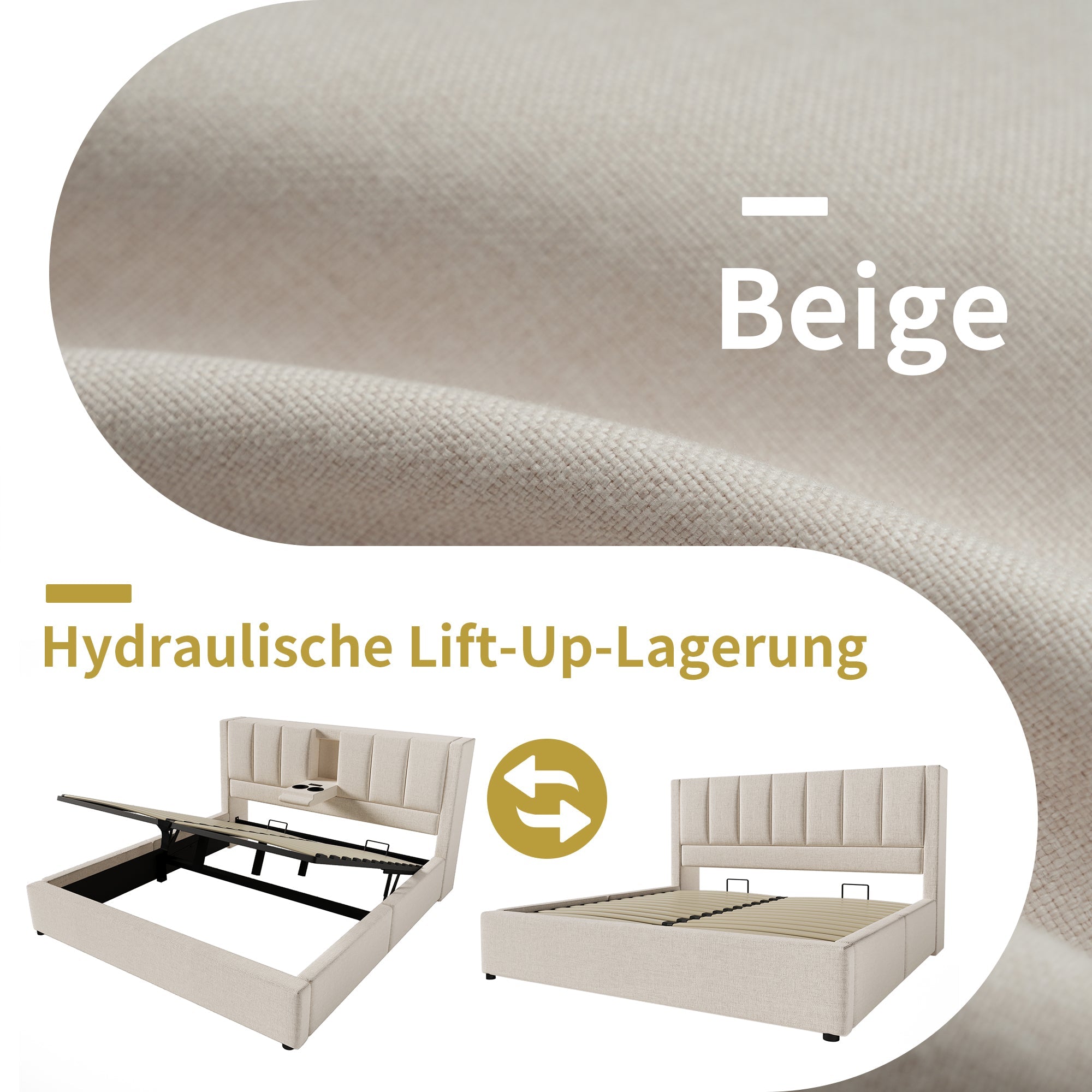 Upholstered Bed 180x200cm Double Bed, Storage, Hidden Cup Holder & Charging Station, Beige Linen