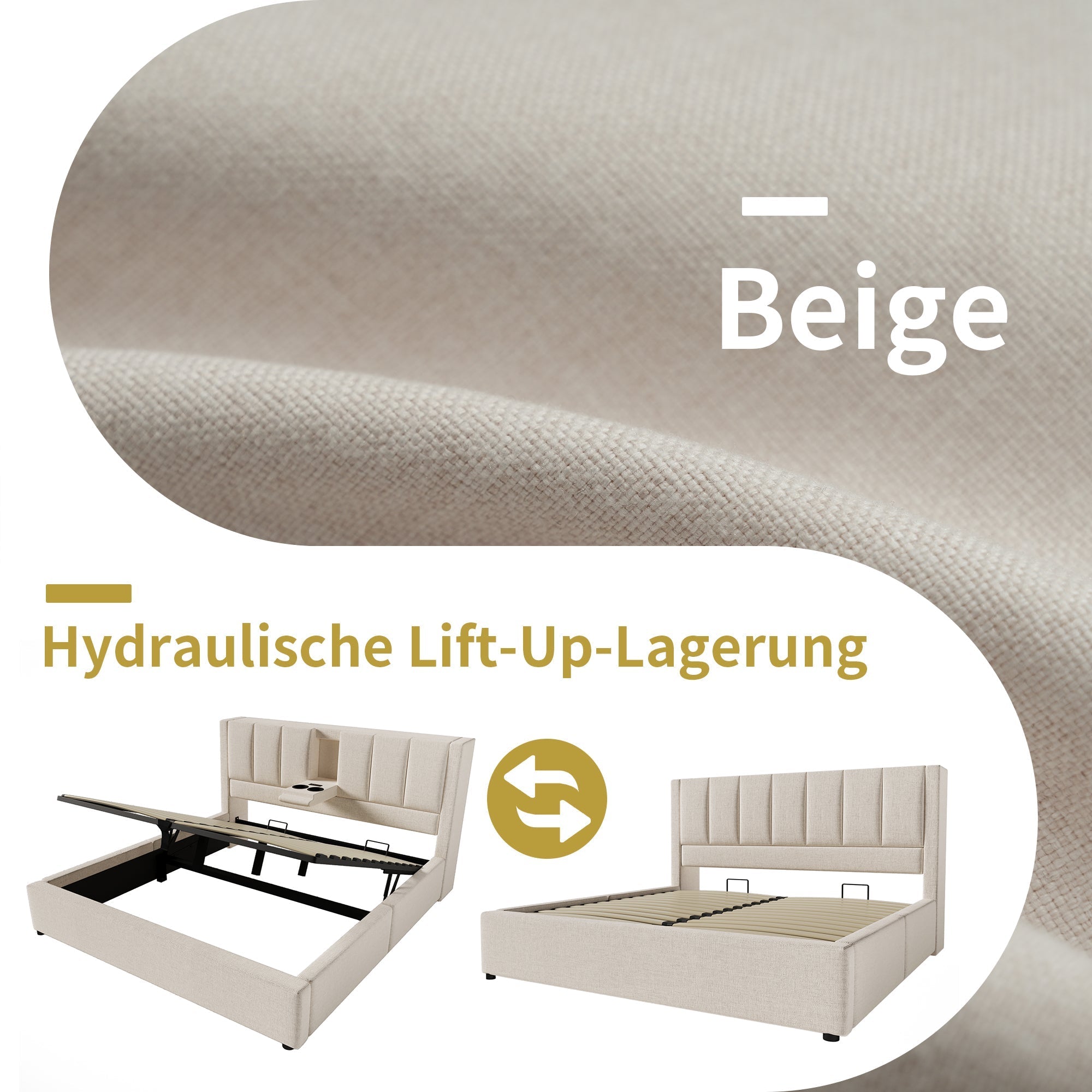 Upholstered Double Bed 160x200cm Hydraulic Storage Cup Holder Charging Station - Linen Beige