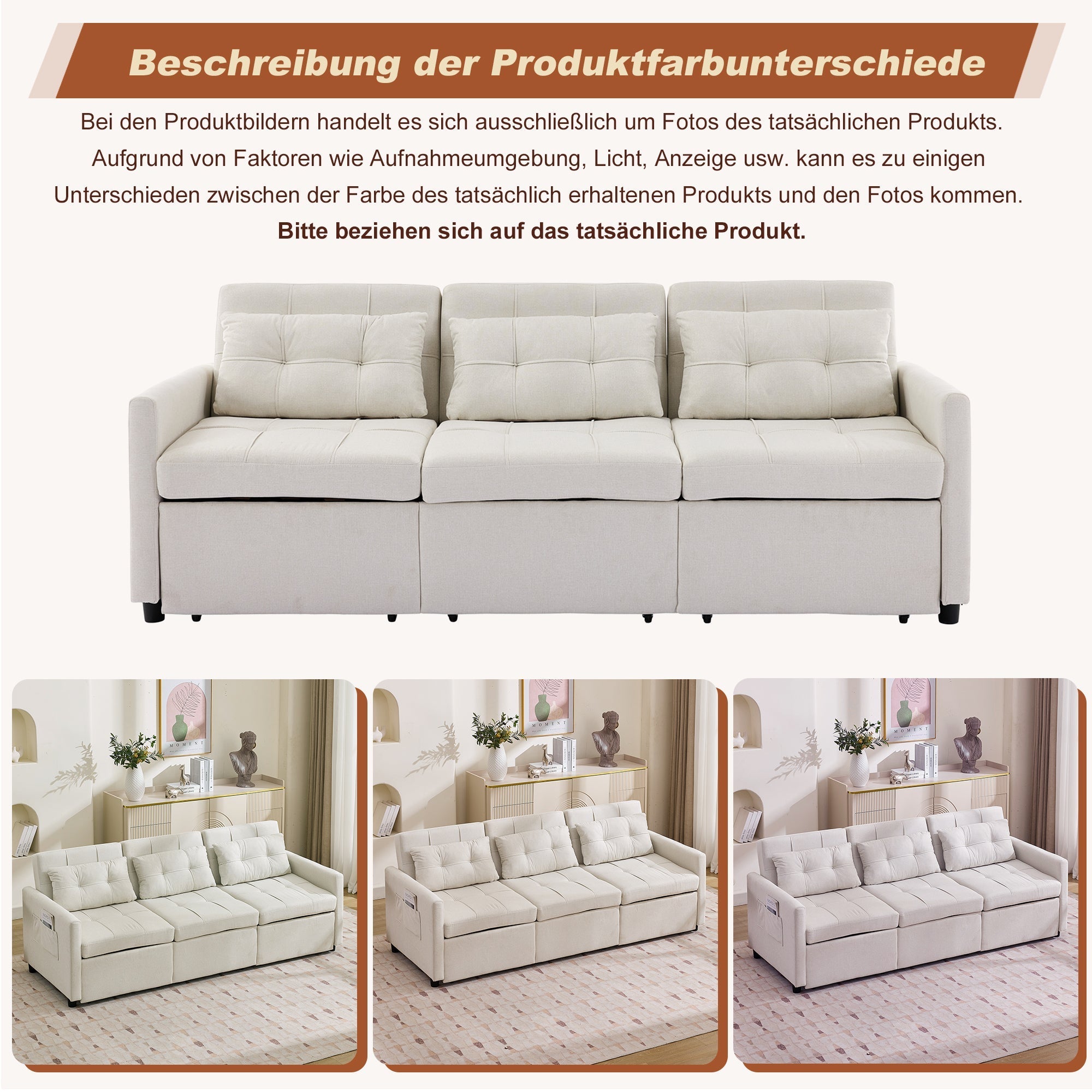 3-Seater Sofa Bed Adjustable Back Storage L-Shape - Beige