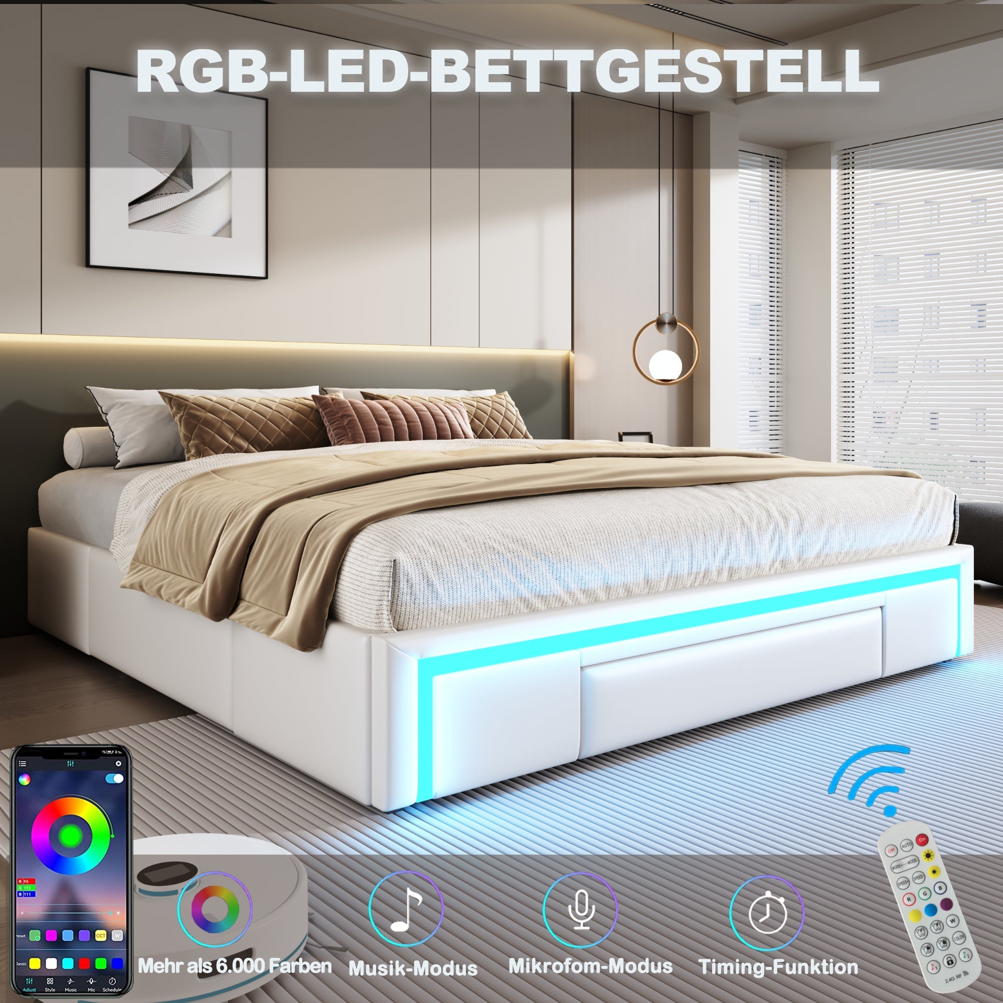 Bed Frame 140x200 with Drawers, LED Light Bar, Metal Slatted Platform, PU Leather Beige