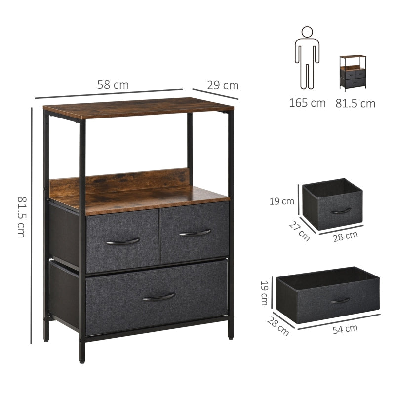 3 Drawer Storage Chest Unit with Shelves, Black Engineered Wood