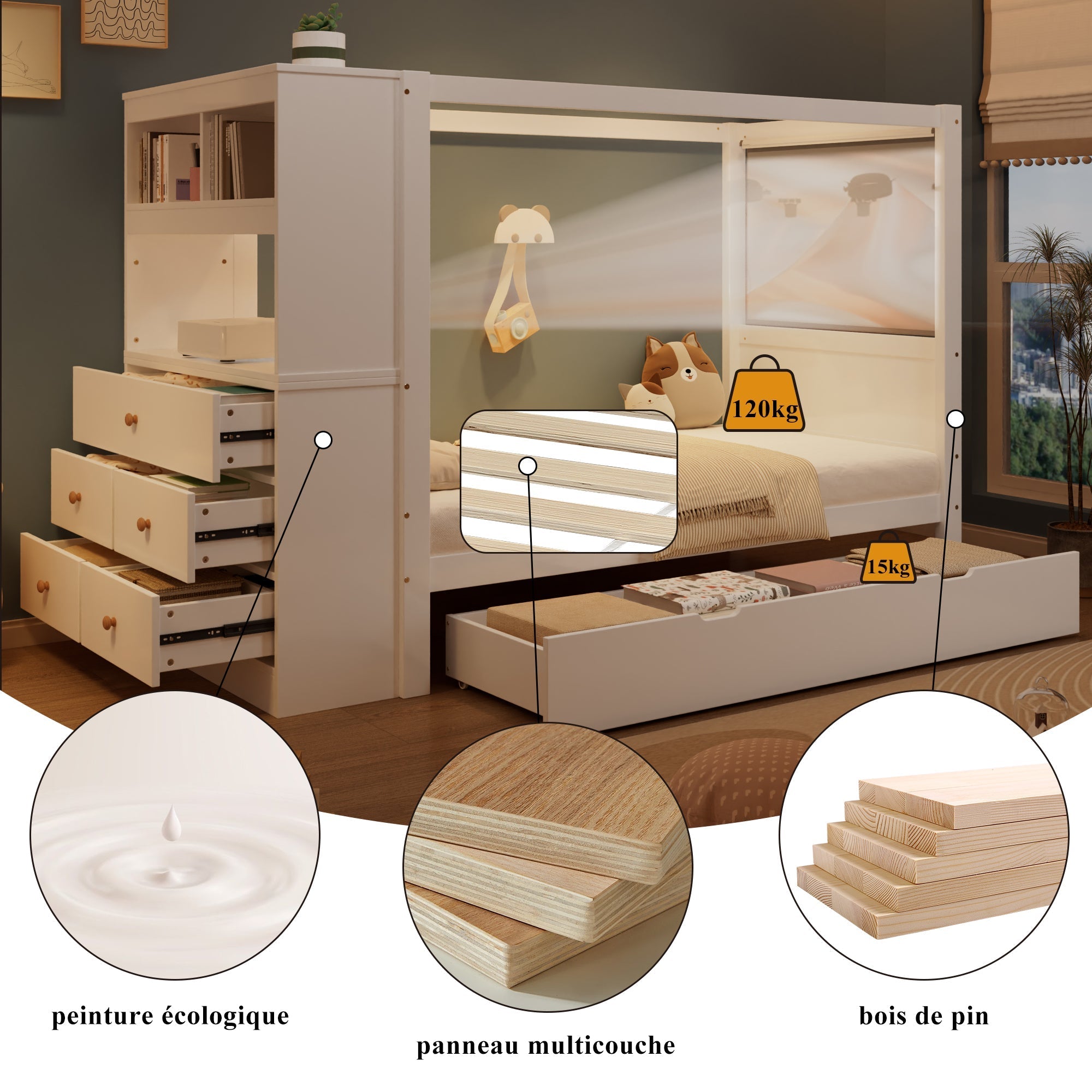 Single bed with safety rail, storage, 5 drawers, white+natural, pine+PB