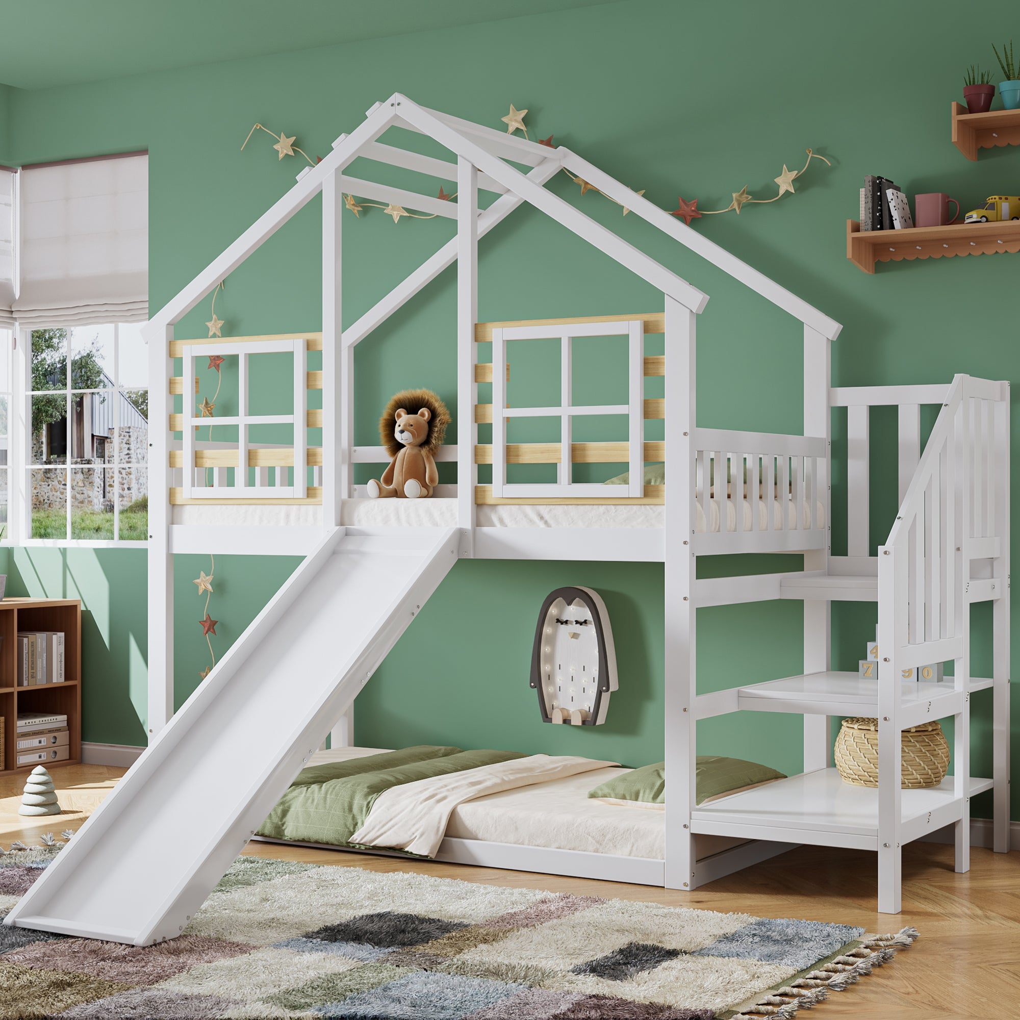 Bunk Bed, Wooden with Stairs, Slide & Window, Solid Wood, White