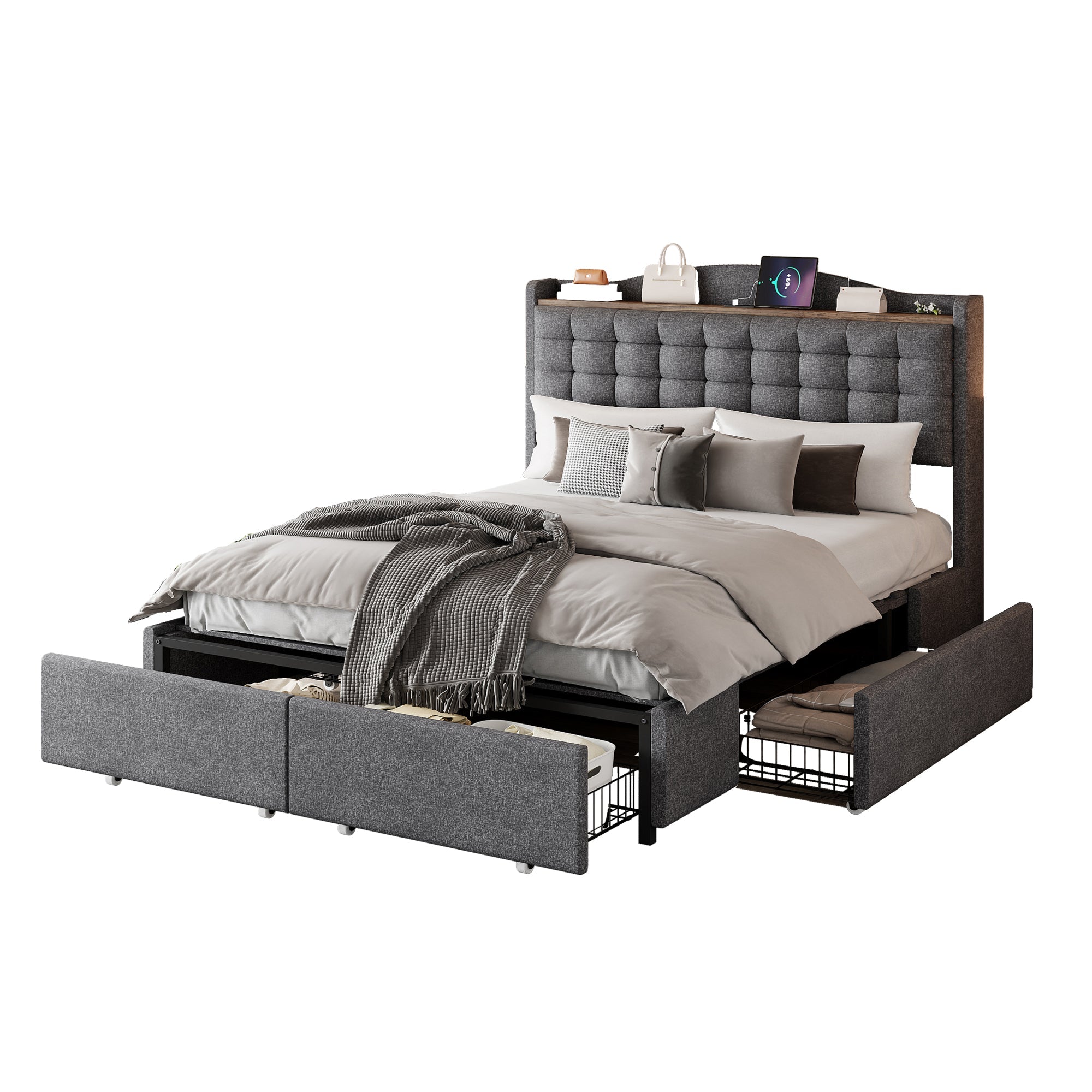 Upholstered Bed, 140x200cm Double Flat with 4 Drawers & USB Bedside Table, Gray Linen