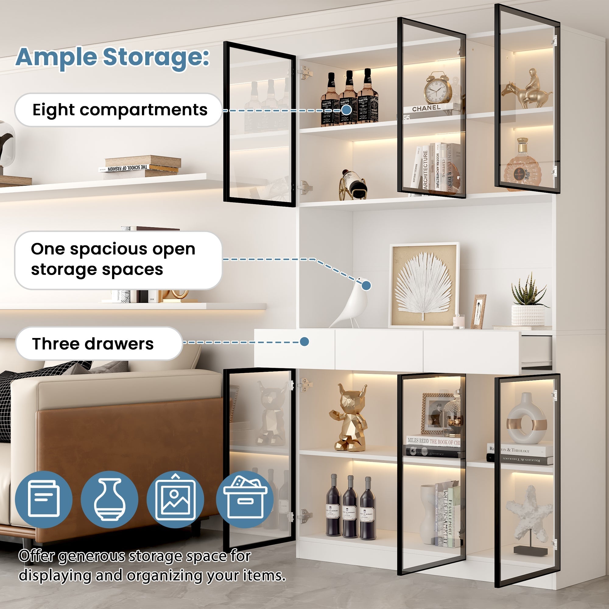 White Display Cabinet with LED Lights and Glass Doors, 200cm High, White and Black Frame