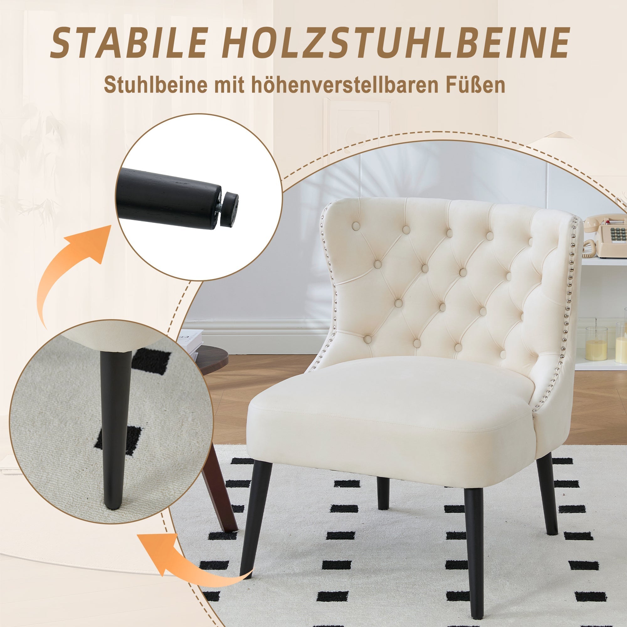 Single Sofa Chair, Velvet Button-Front Armless Studded Trim Solid Wood Legs, Velvet