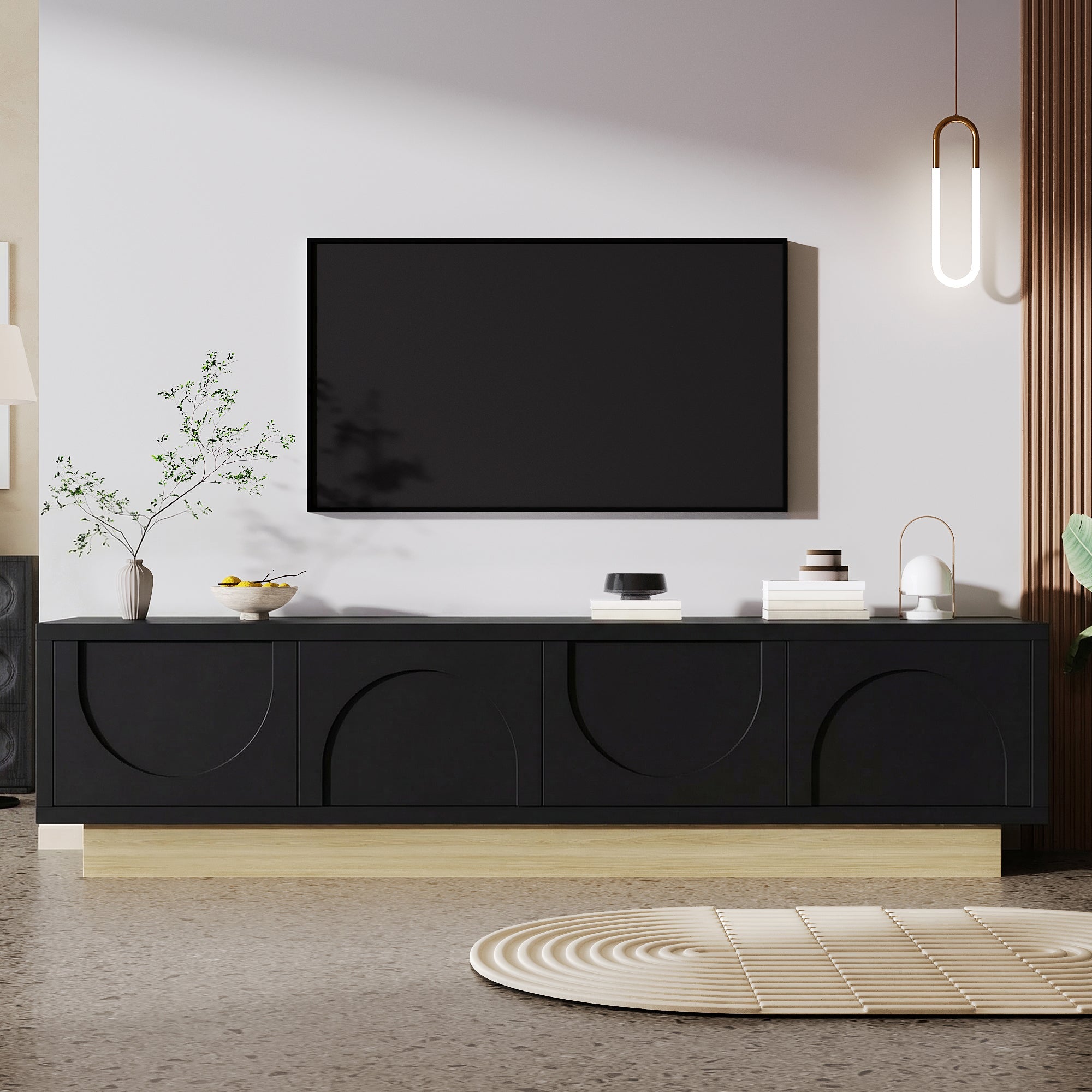 TV Stand with Storage and Cable Management, 175cm, Black Wood Grain