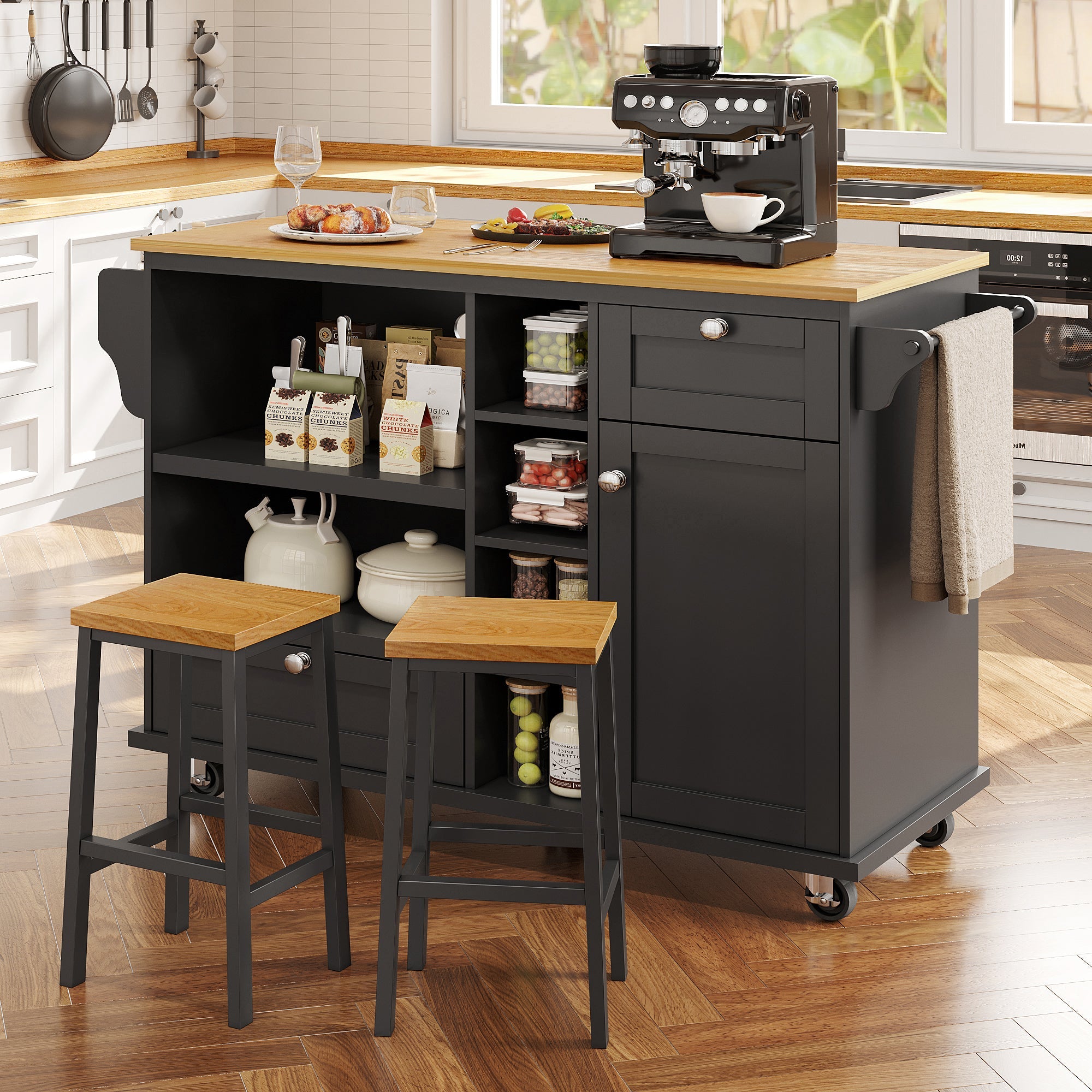 Dining Trolley Mobile Kitchen Storage Cabinet with Drawers, Black/Light Brown Wood