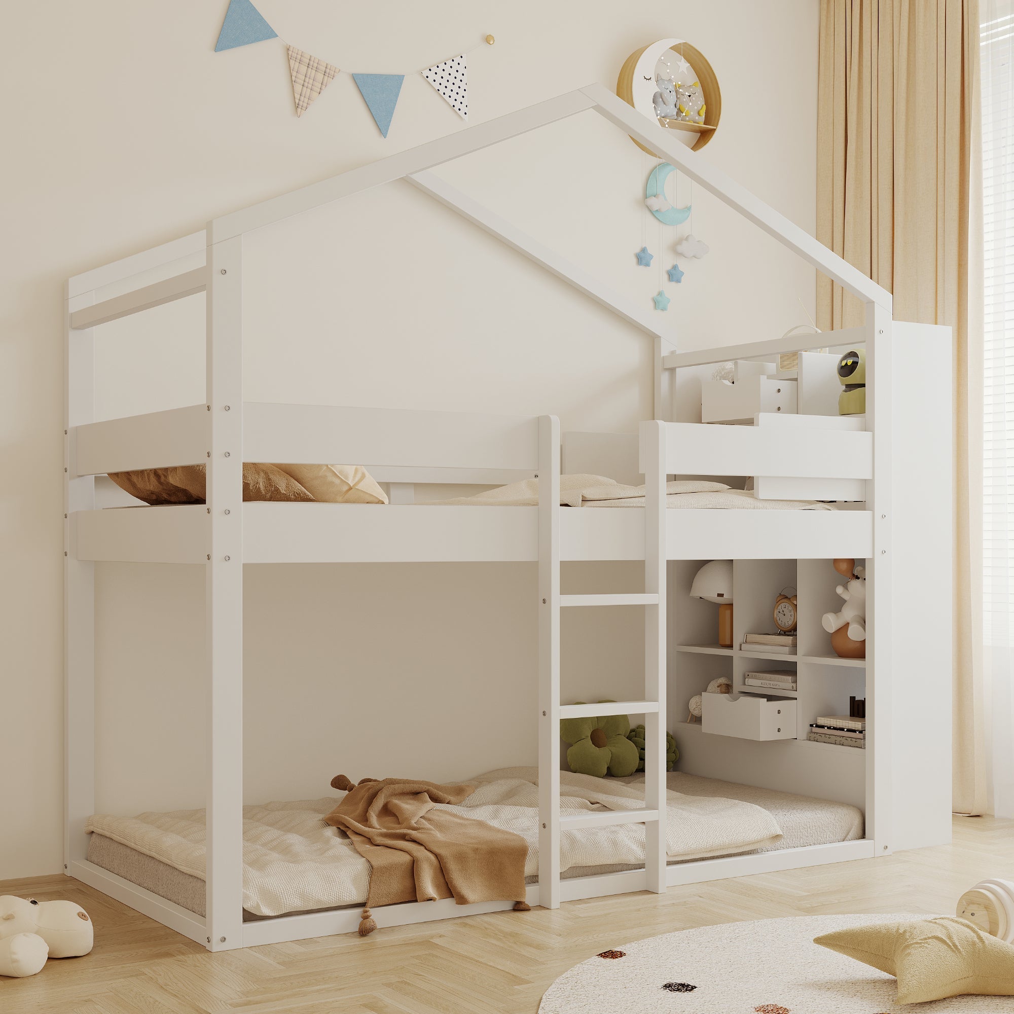 Bunk Bed 90x200cm with Storage Slatted Base Pine Wood White
