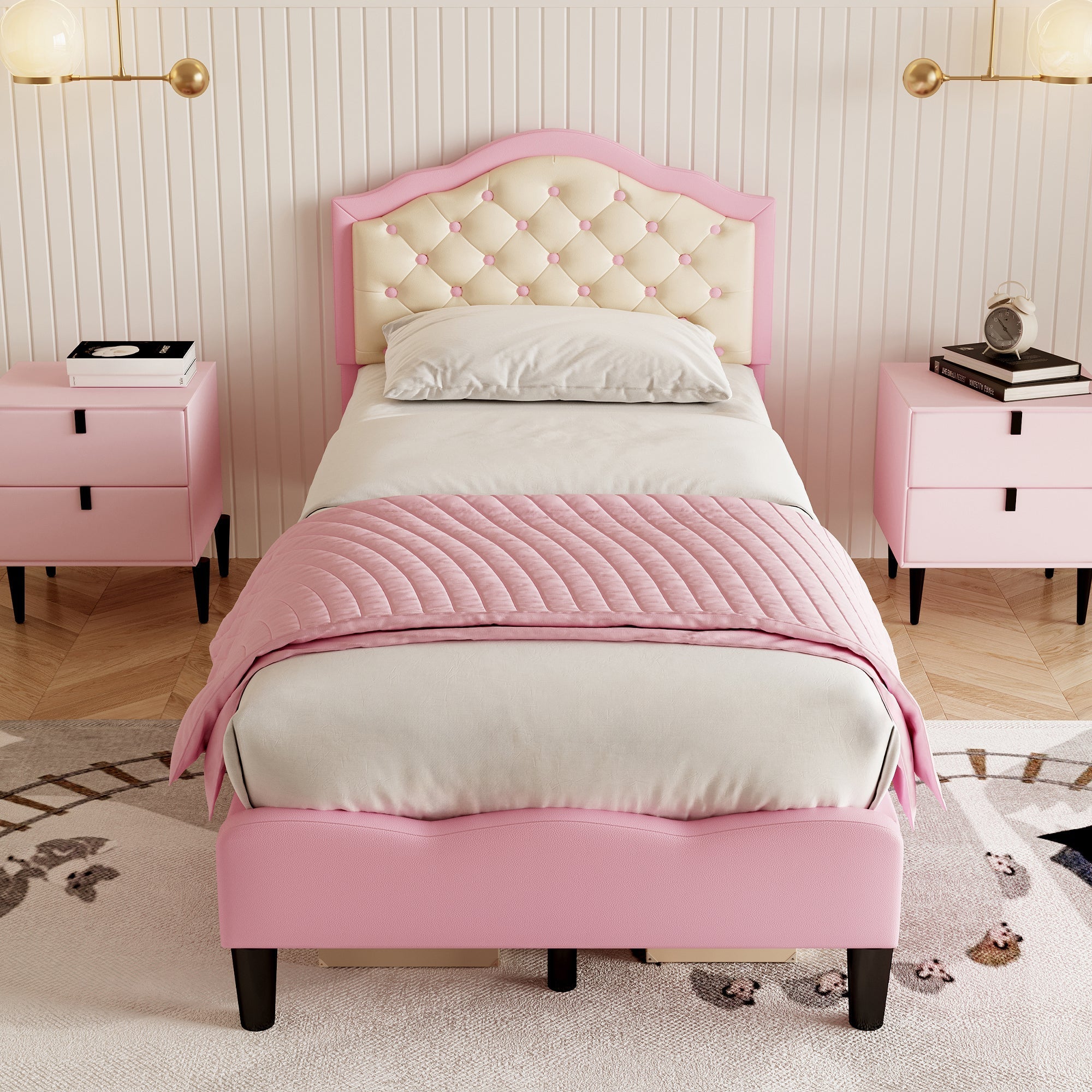 3ft Single Upholstered Bed Frame with Adjustable Chic Button-Tufted Headboard, Pink+Beige