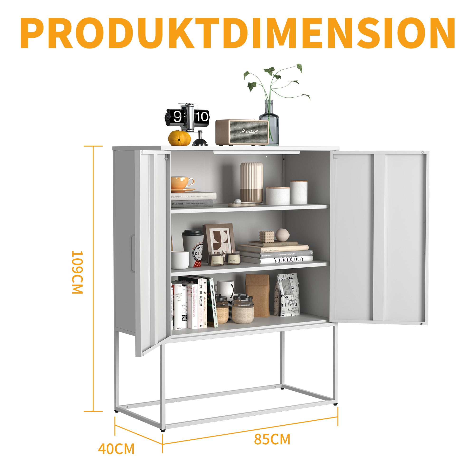 Metal Sideboard 2 Shelves Magnetic Doors Freestanding - White