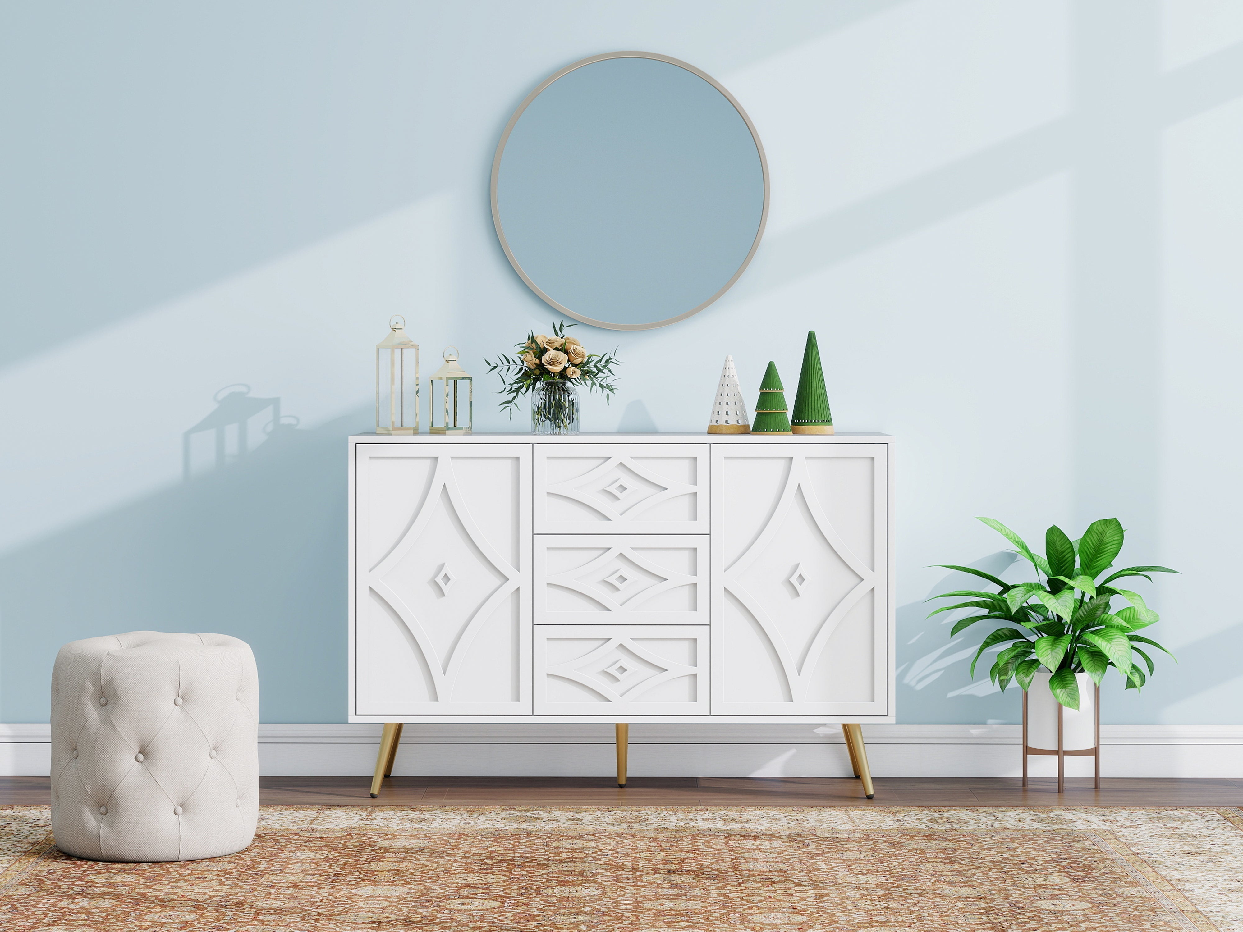 Chest of Drawers, Diamond Pattern with 3 Drawers & 2 Doors, Gold Feet White