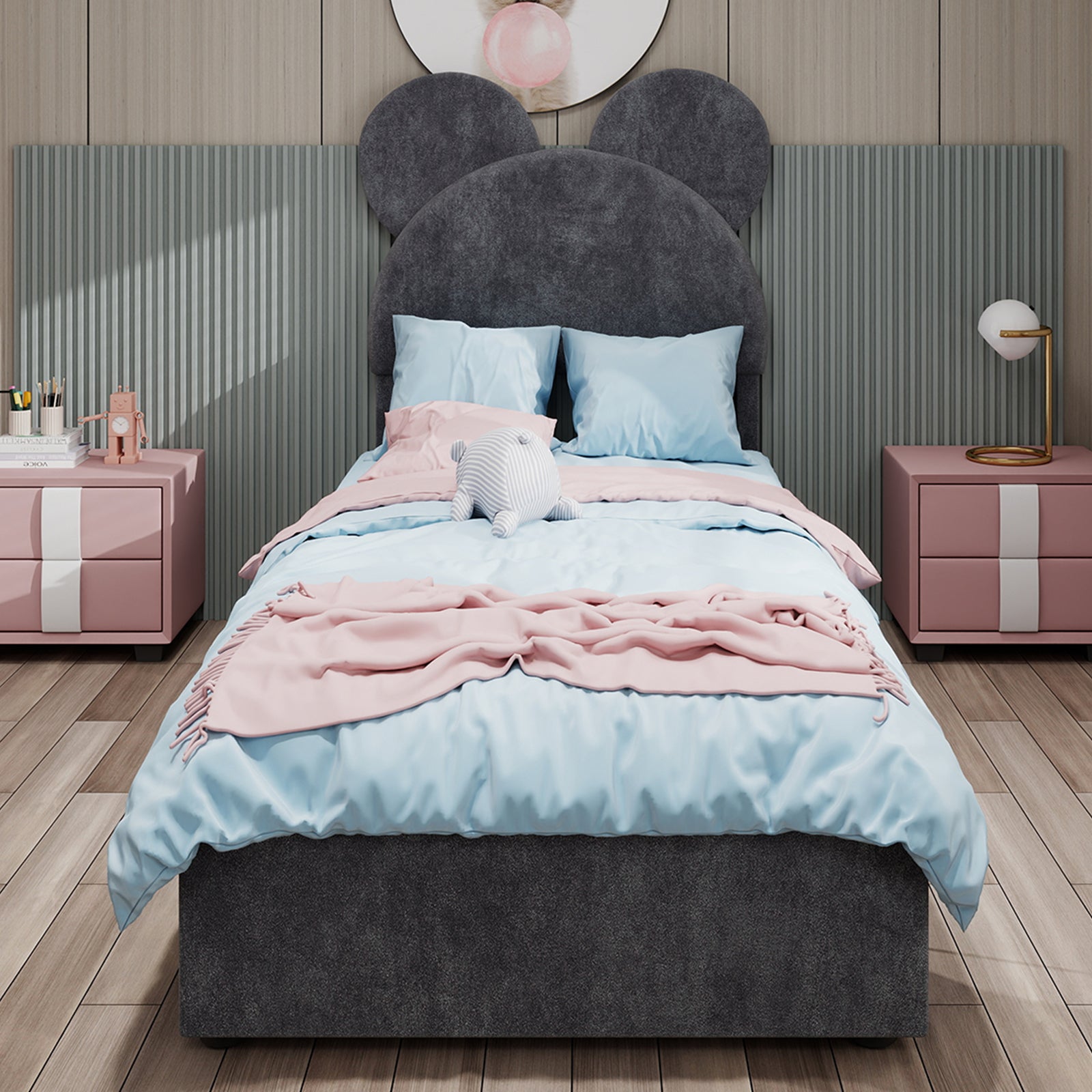 Upholstered Bed, Minimalist with Cartoon Headboard, 90x200 cm, Grey