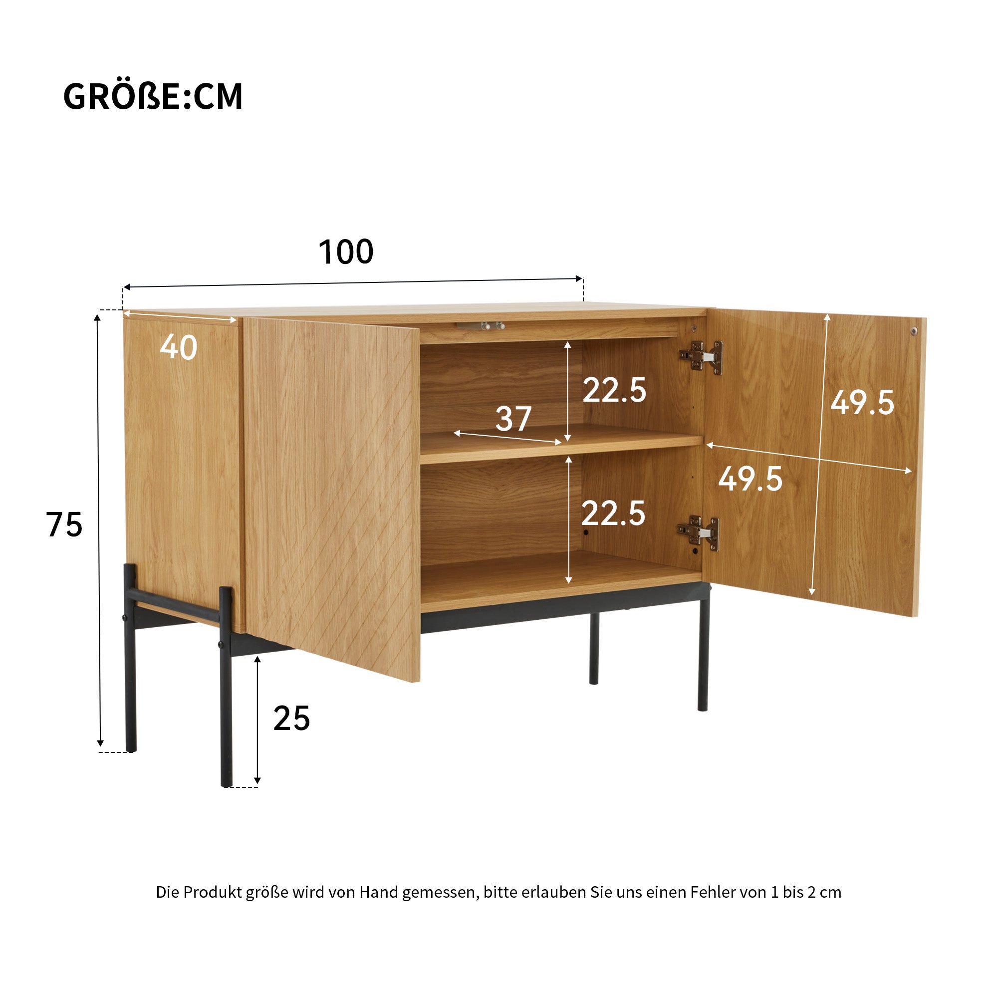 Sideboard with 2 doors and metal legs, linear design, 75x100x40 cm, aluminum