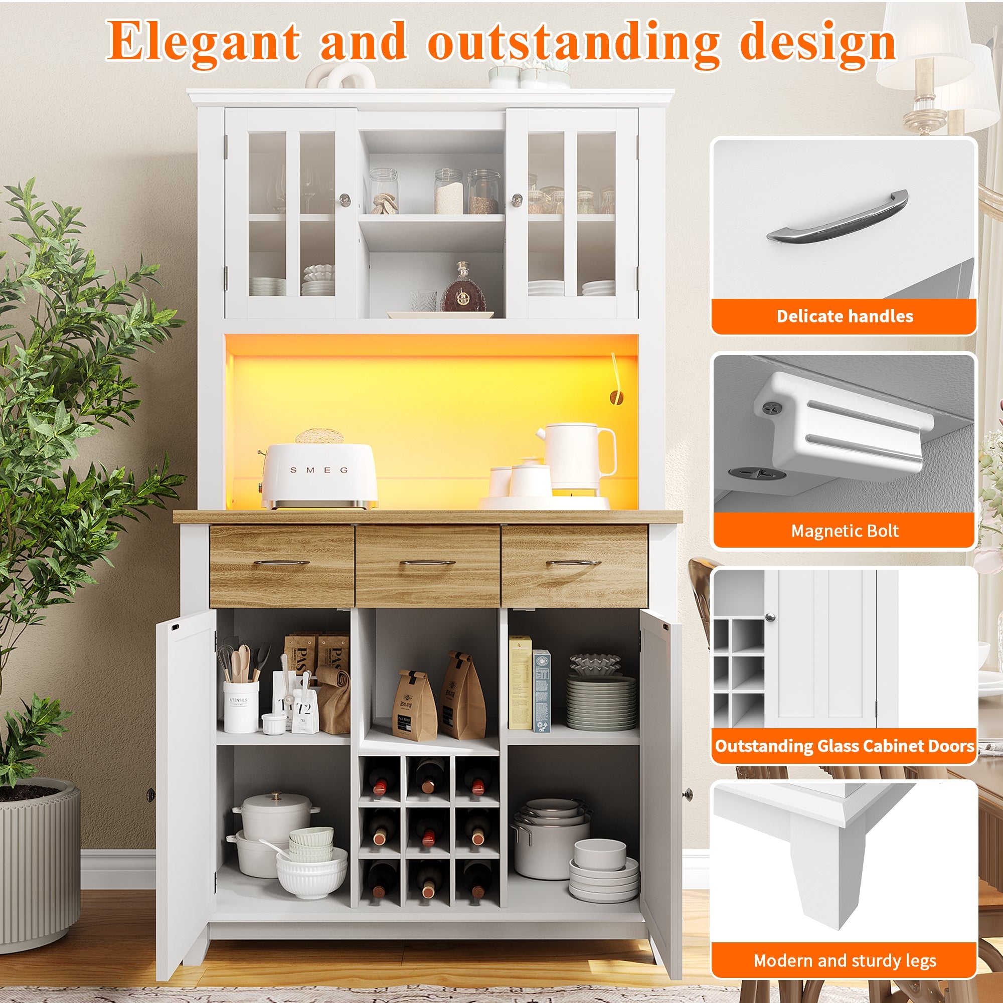 Tall Kitchen Buffet Display Cabinet with LED Lighting, Adjustable Shelves, Wood