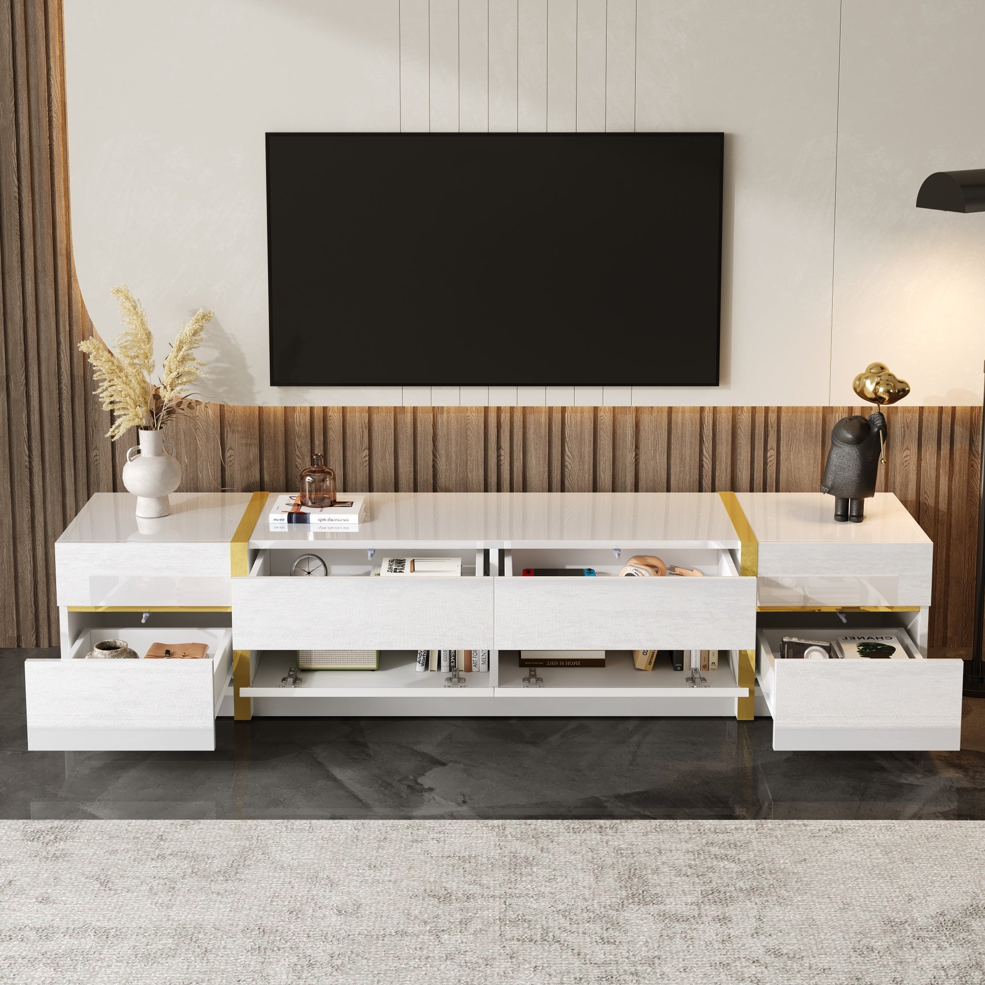 Luxurious TV Stand with Drawers and Doors, Modern Style, White High-Gloss and Gold