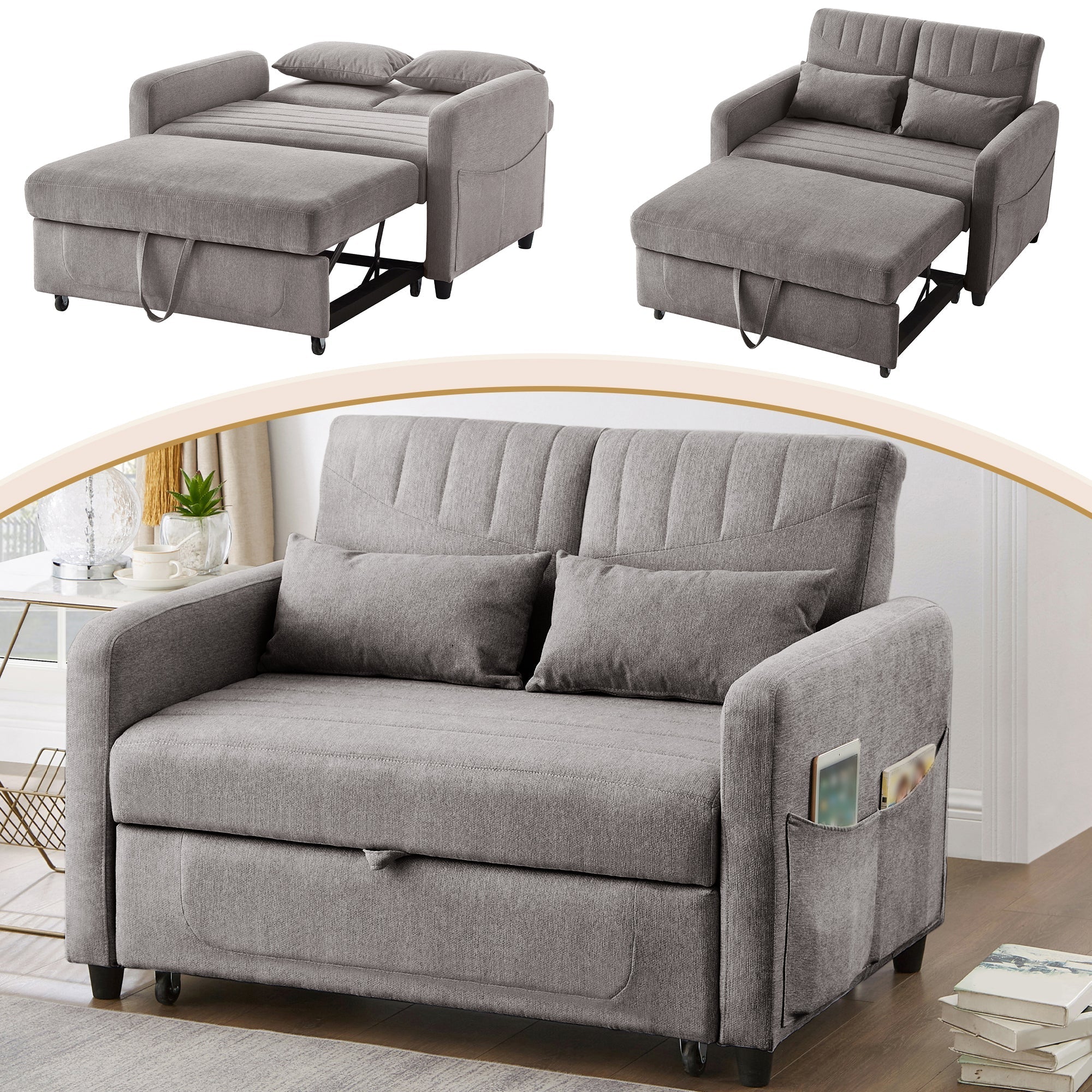 Two-Seater Sofa Bed with Adjustable Backrest and Pull-Out Design, Cotton-Linen Fabric