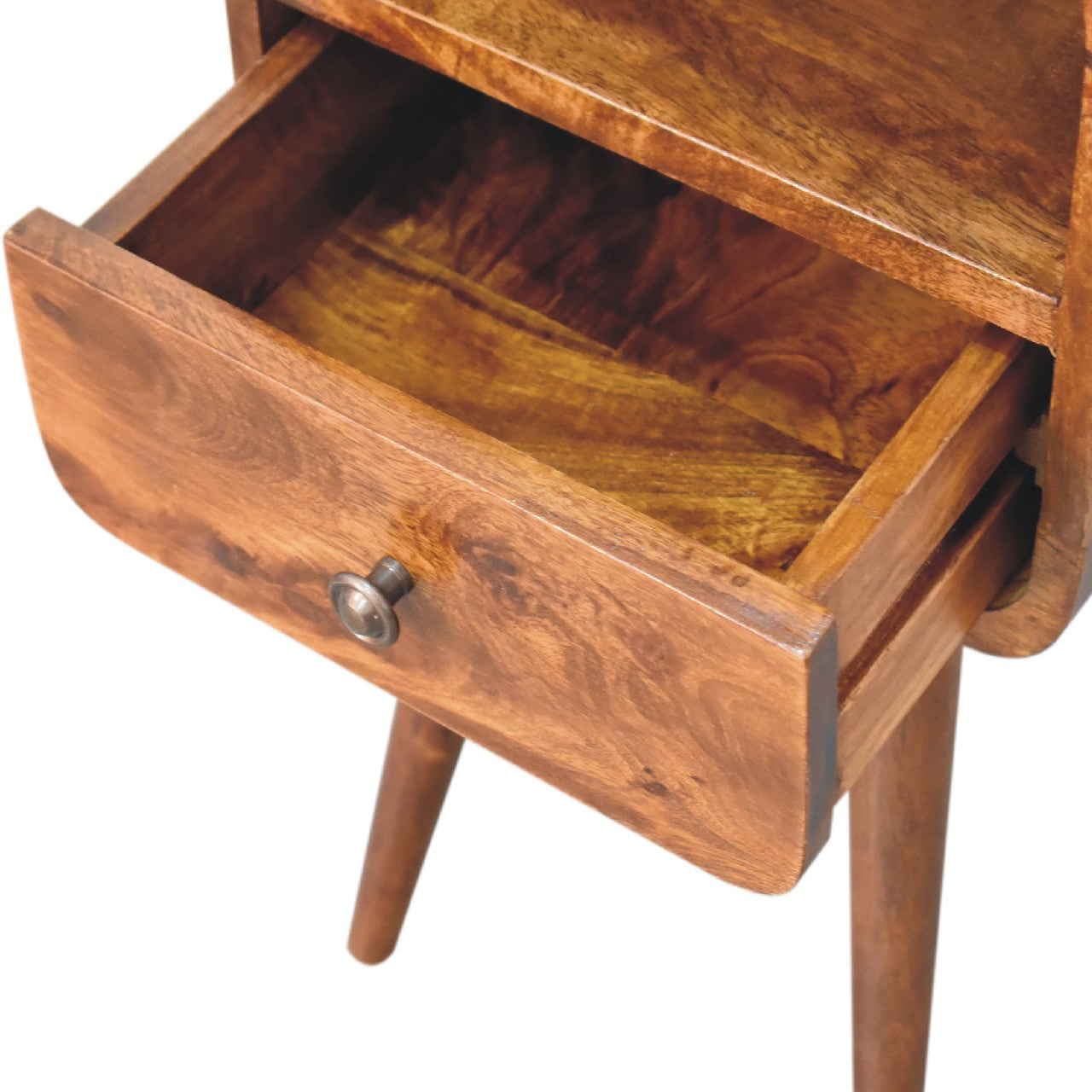Solid Wood Mini Chestnut Curve Open Bedside with 1 Drawer and Open Shelf, Dark Brown