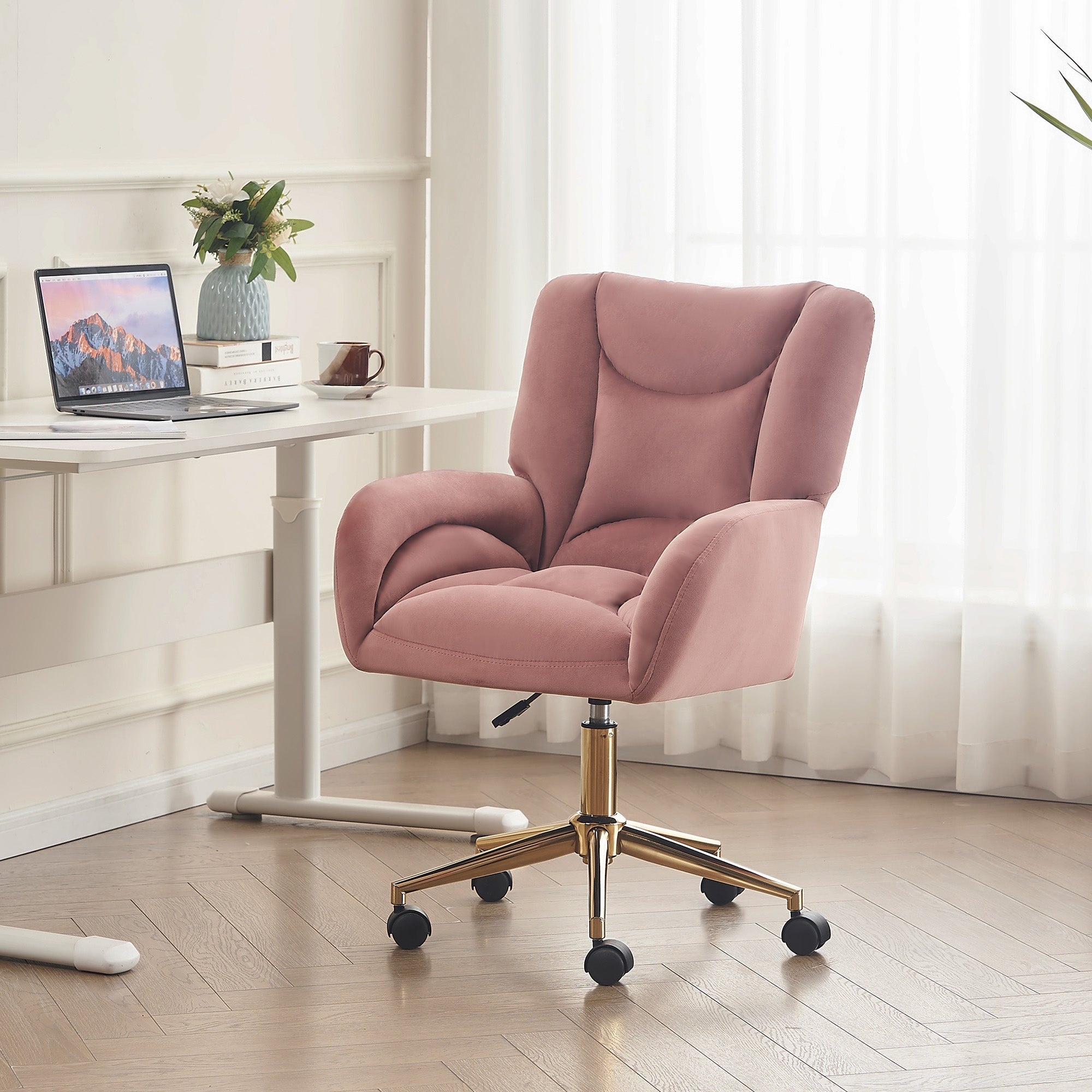 005 Swivel Chair Height-Adjustable Home Office Gold Legs, Velvet Pink