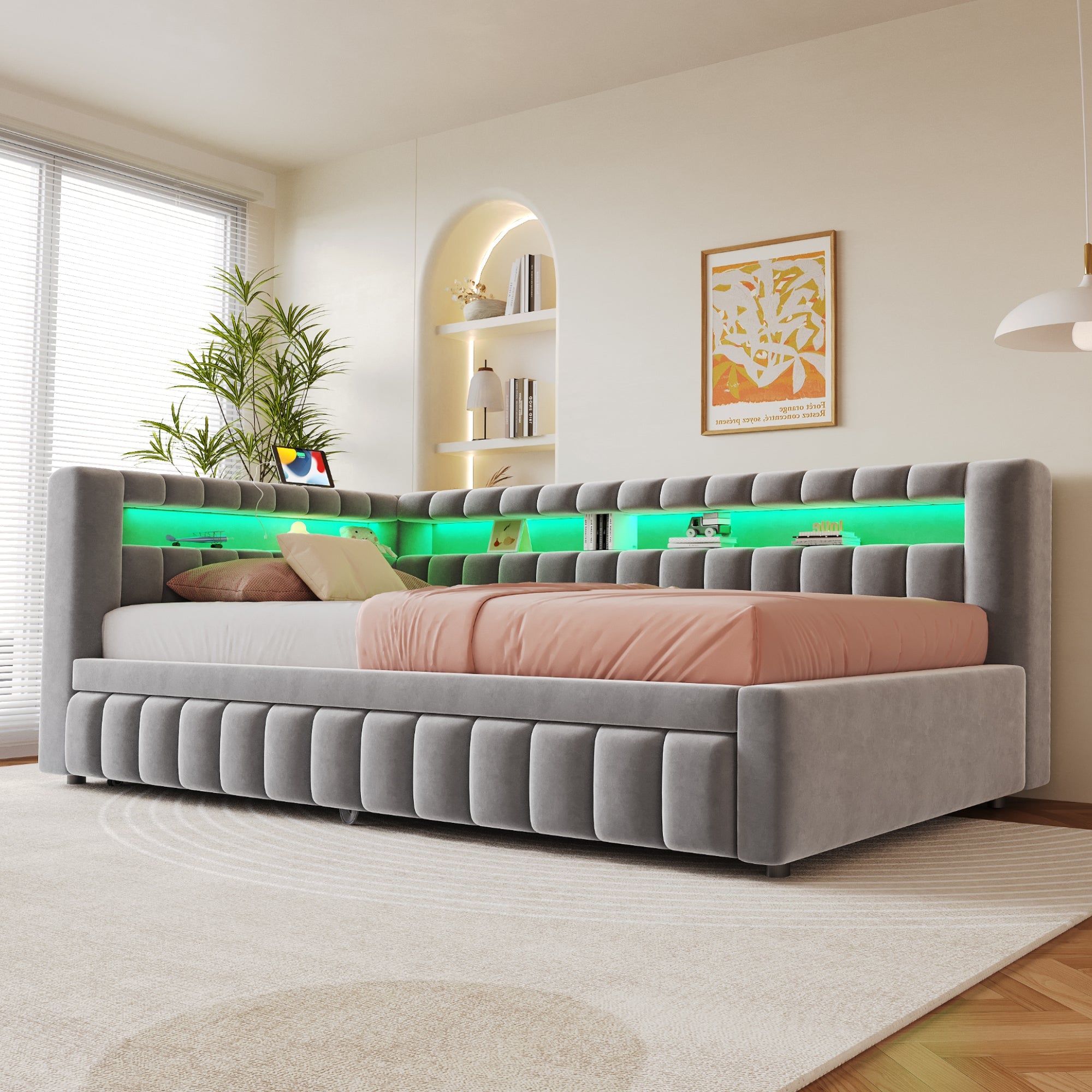 Upholstered Extendable Sofa Bed with LED Lighting, USB Port and Striped Pattern, 90x200cm, Light Grey Velvet