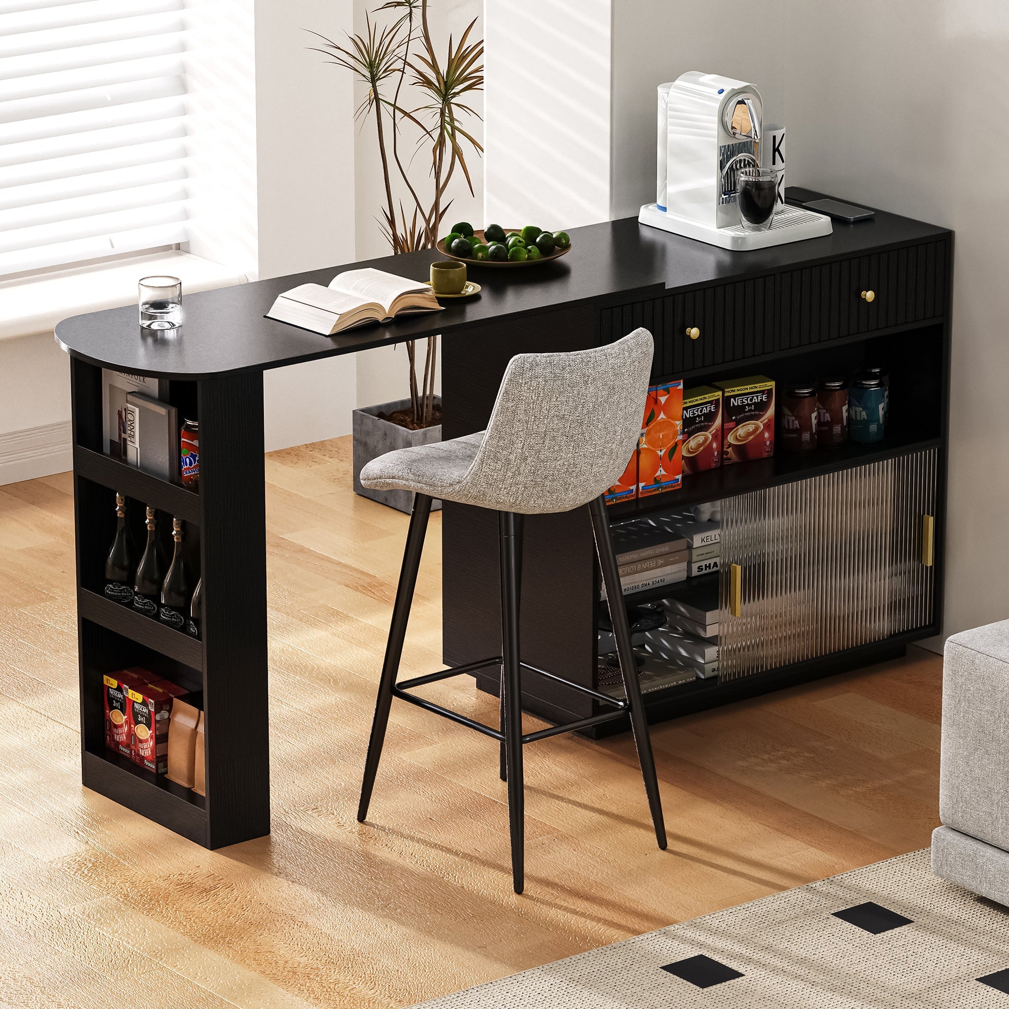 Bar Table Sideboard Extendable 360° Rotating with LED Lighting Sockets Black