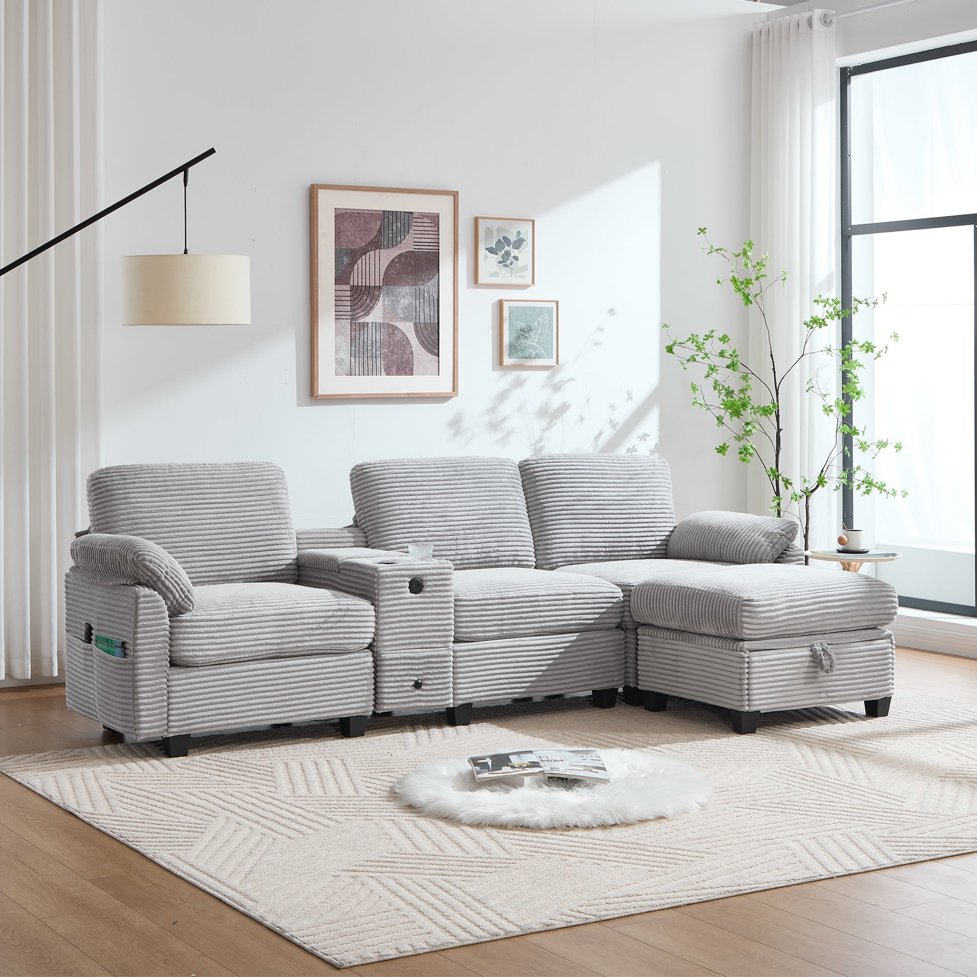 Corduroy Sofa Large Comfort Foam Console USB-C Storage Drawer Ottoman