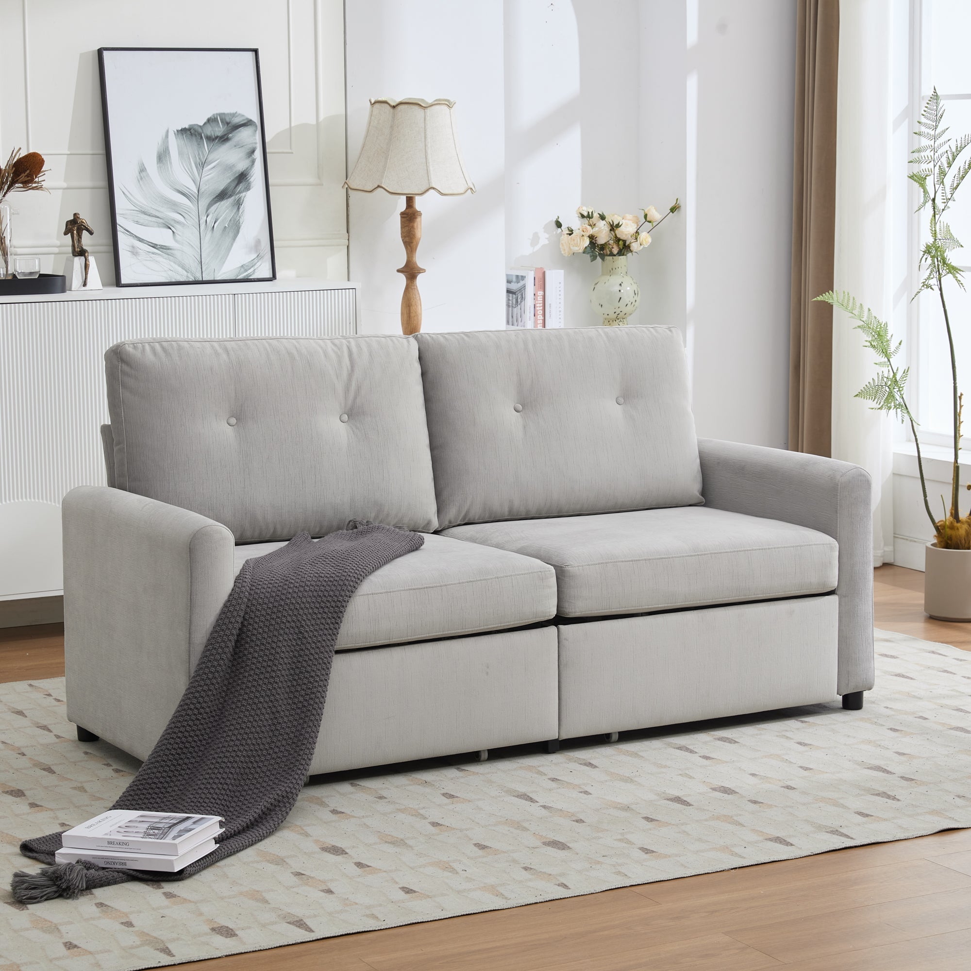 Modern Compact 2-Seater Sofa with Drawer Storage Durable Light Grey Fabric