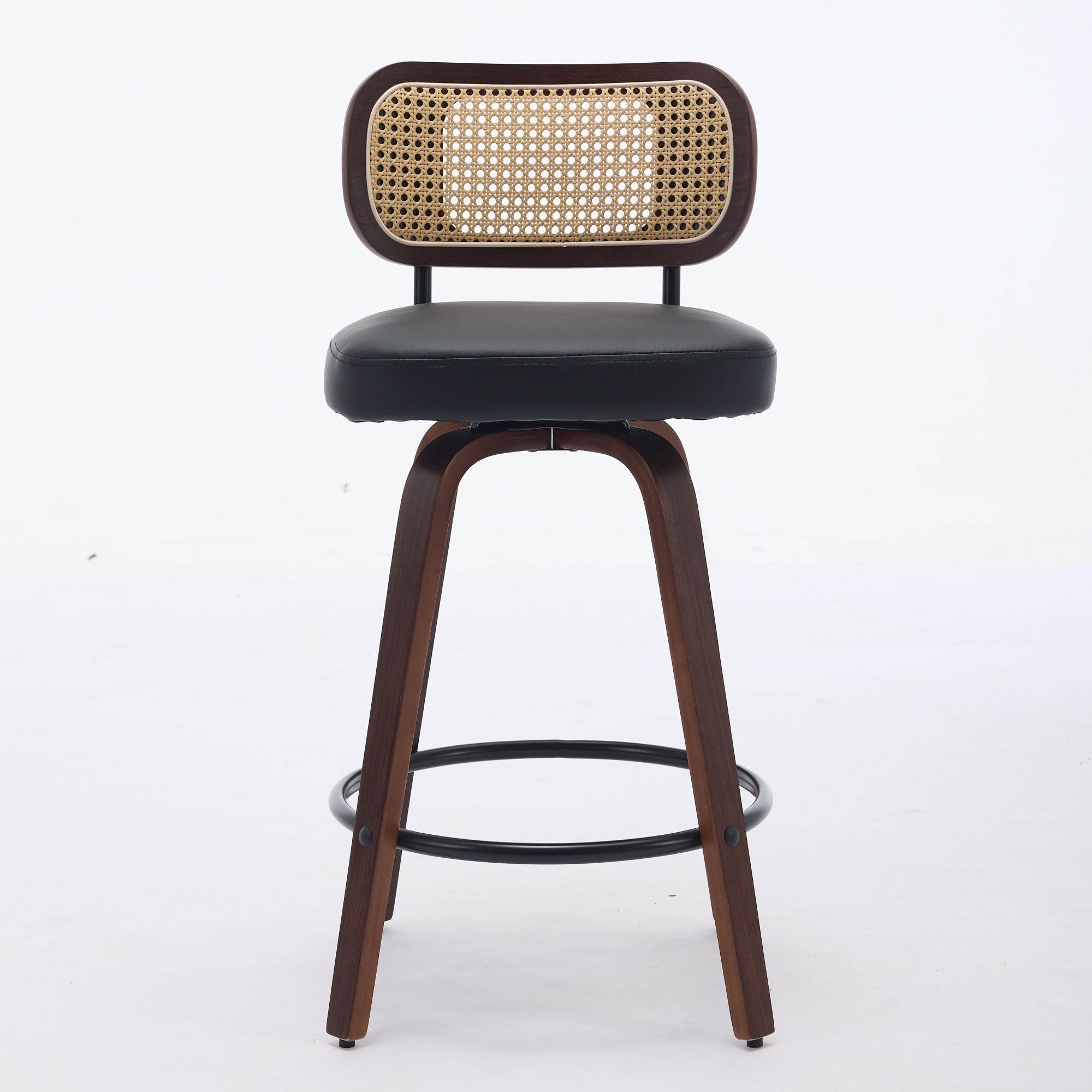 Set of 3 Counter Height Bar Stools Swivel Rattan Cane Back 26 inch Upholstered Seat Walnut Black