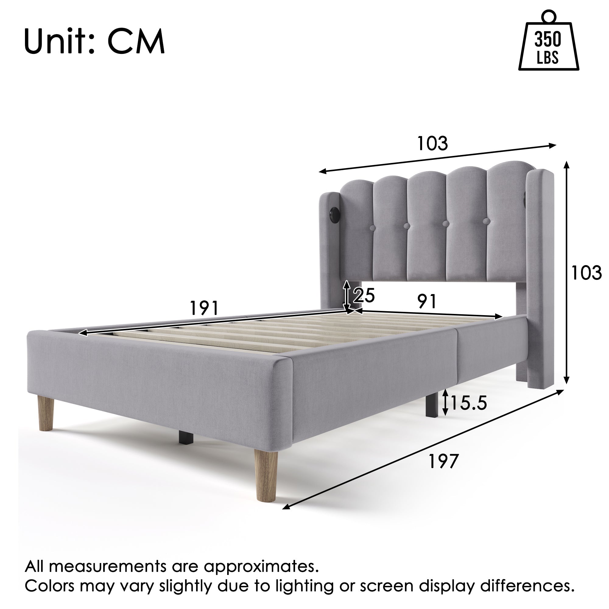 Upholstered Single Bed with USB and Type-C Charging, Wooden Slatted Frame, Grey Linen Material (No Mattress)