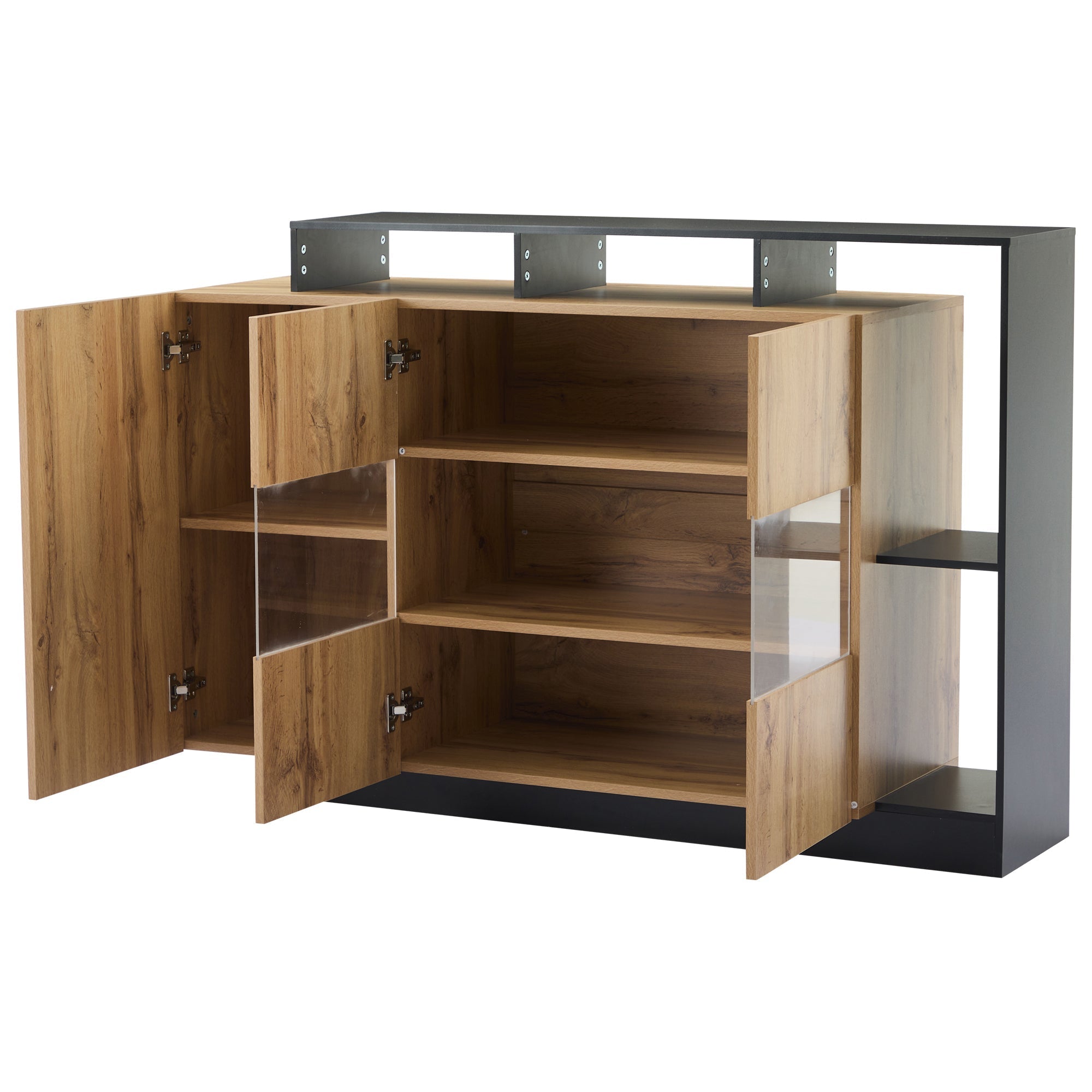Modern LED Sideboard, Glass Dining Cabinet with Bluetooth Control, Wood Color MDF