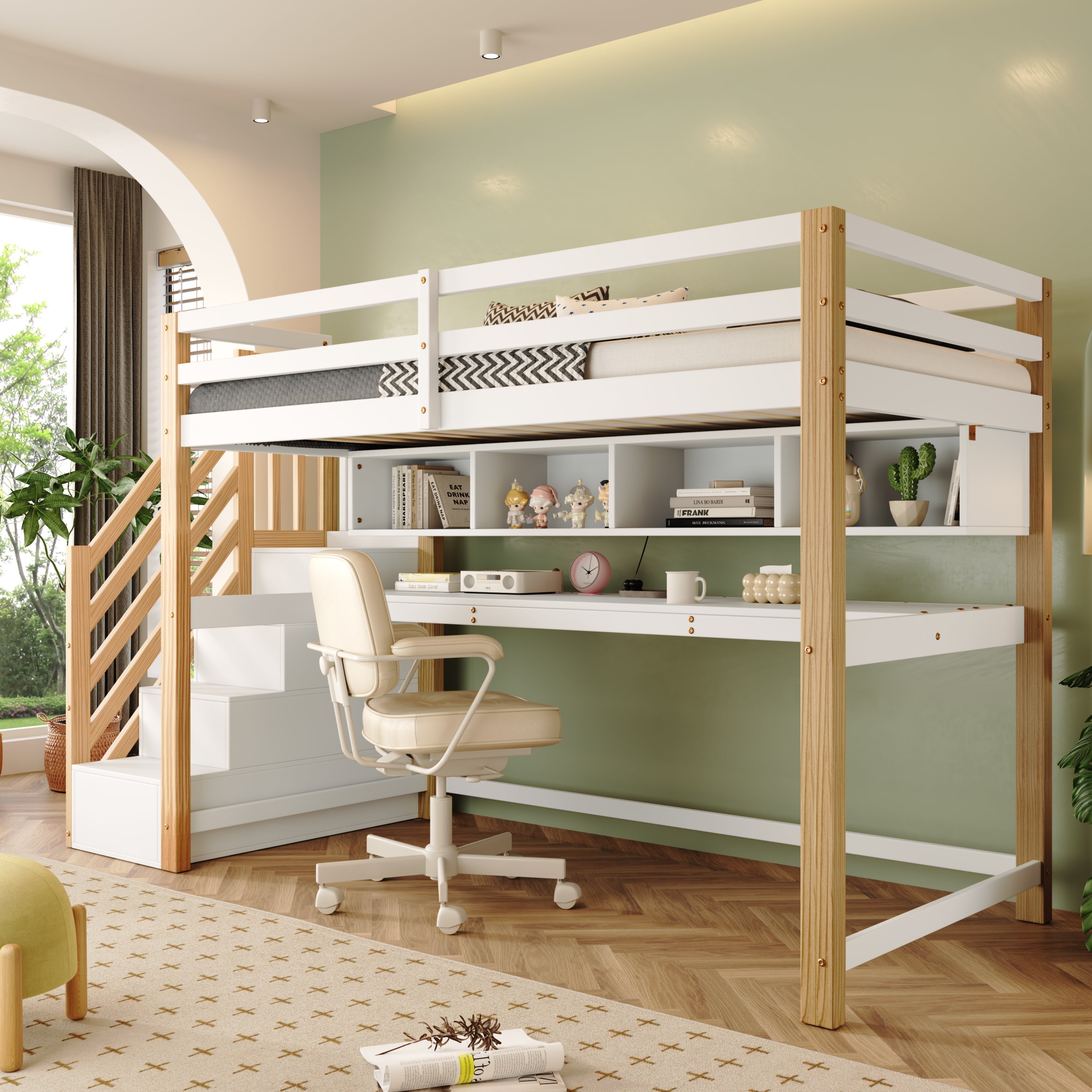 Children's Loft Bed with Large Desk and Shelves, Natural and White