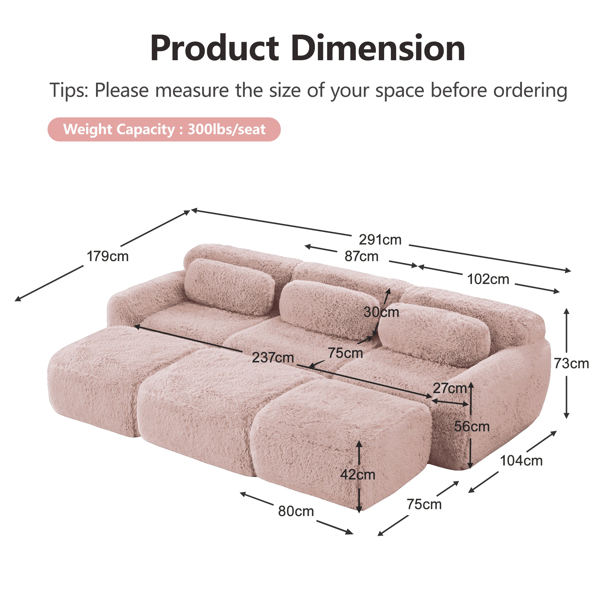Boneless Cloud Sofas Modular Sleeper Sofa 3-Seater 3 Ottomans - Pink Plush