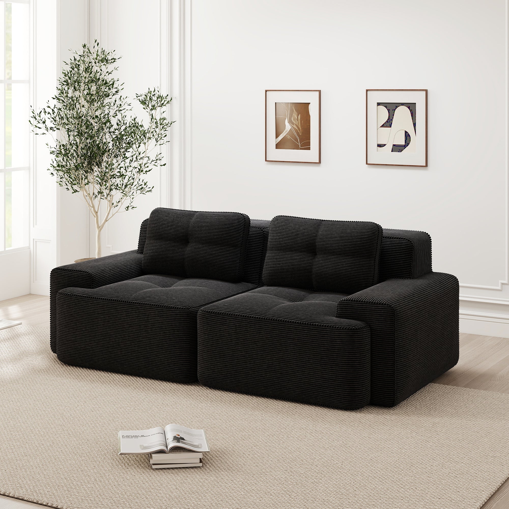 Boneless Modular Sofa Deep Seat Loveseat Sleeper - Corduroy Black
