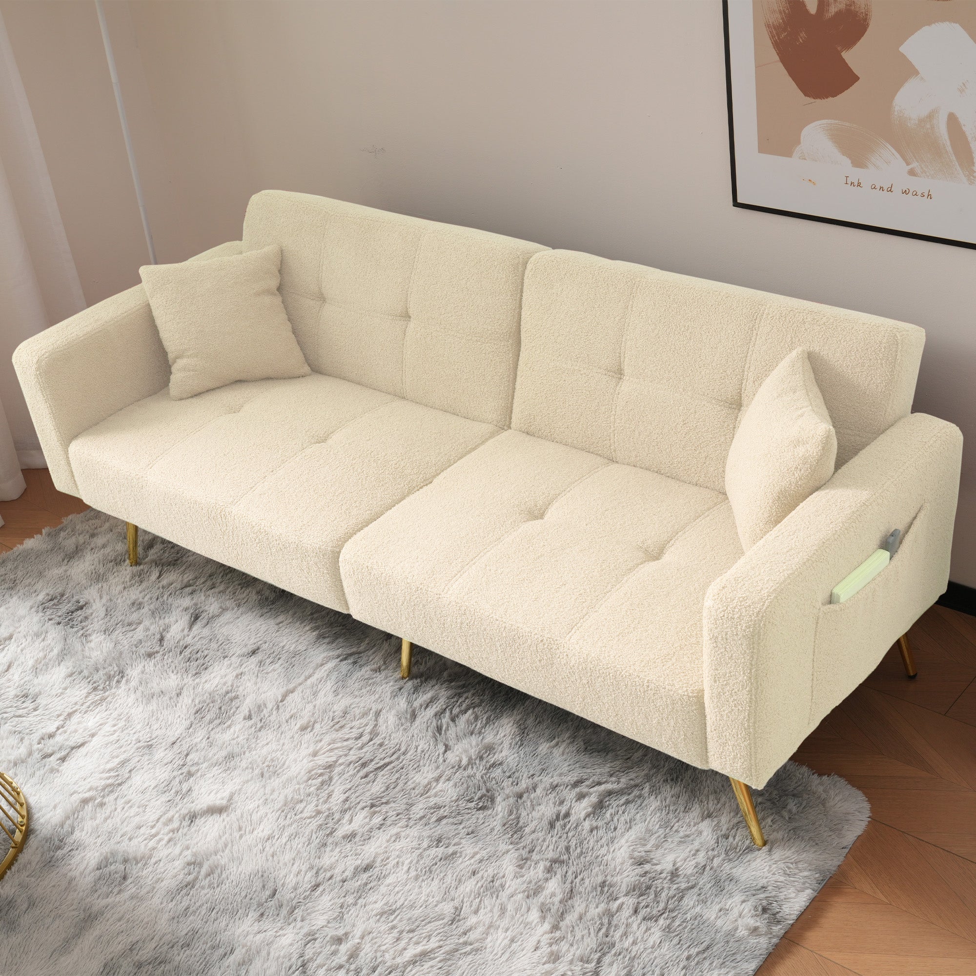 Sofa Bed Adjustable Angle Gold Legs with Cushions & Storage Pockets
