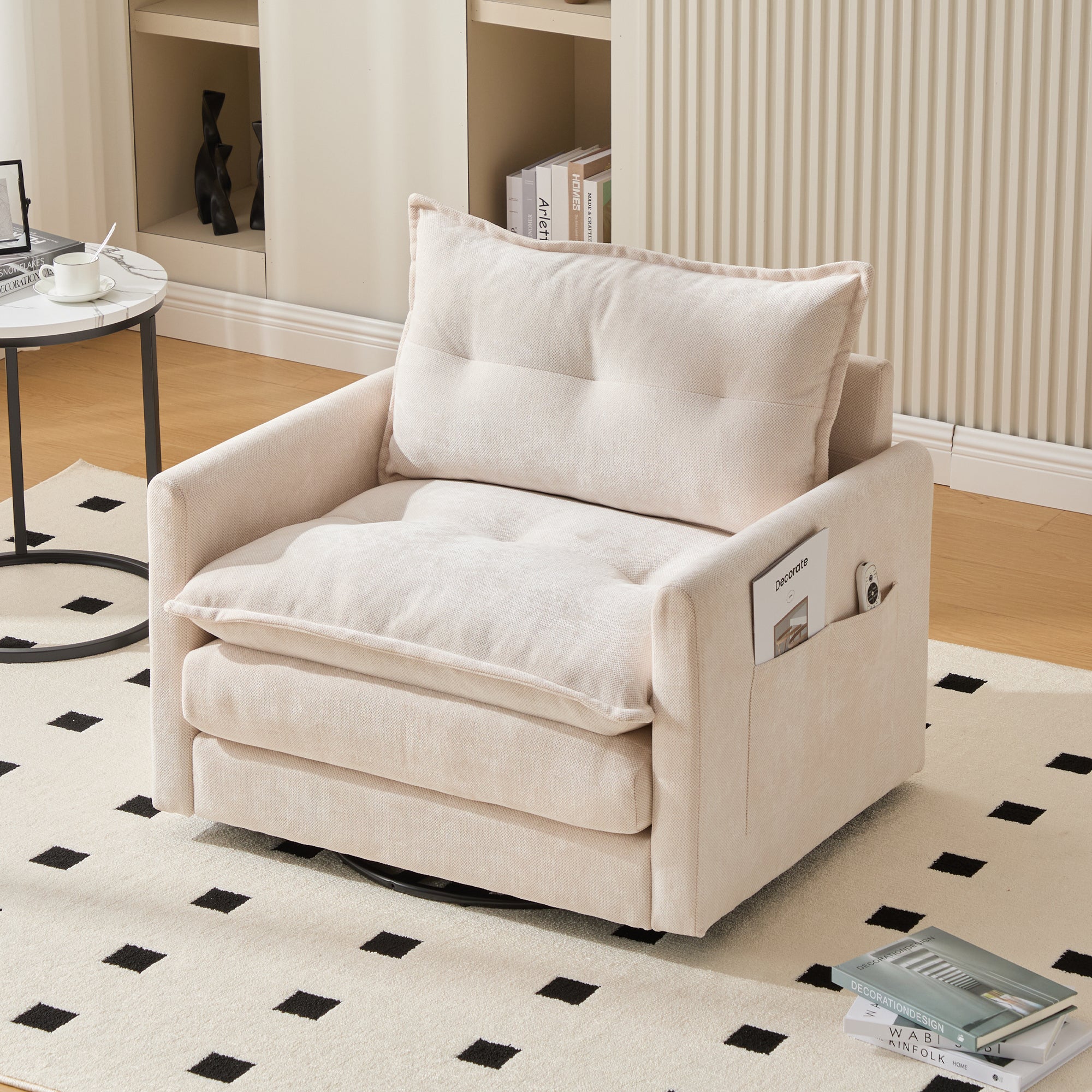 Lounge Chair, 360° Rotating, Armrests & Cushions, Modern Style