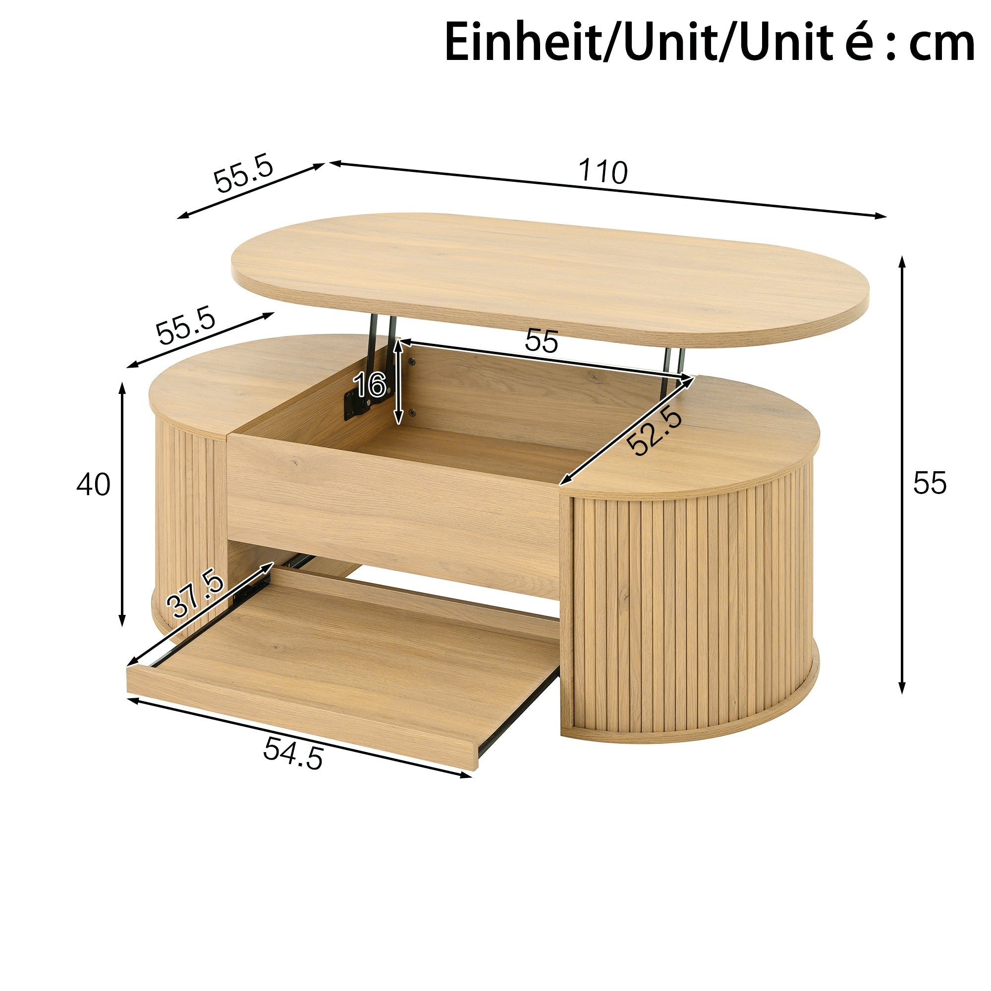 Liftable Coffee Table with Curved Wooden Sides, Extendable Shelf, Liftable Tabletop, Multifunctional Living Room Furniture