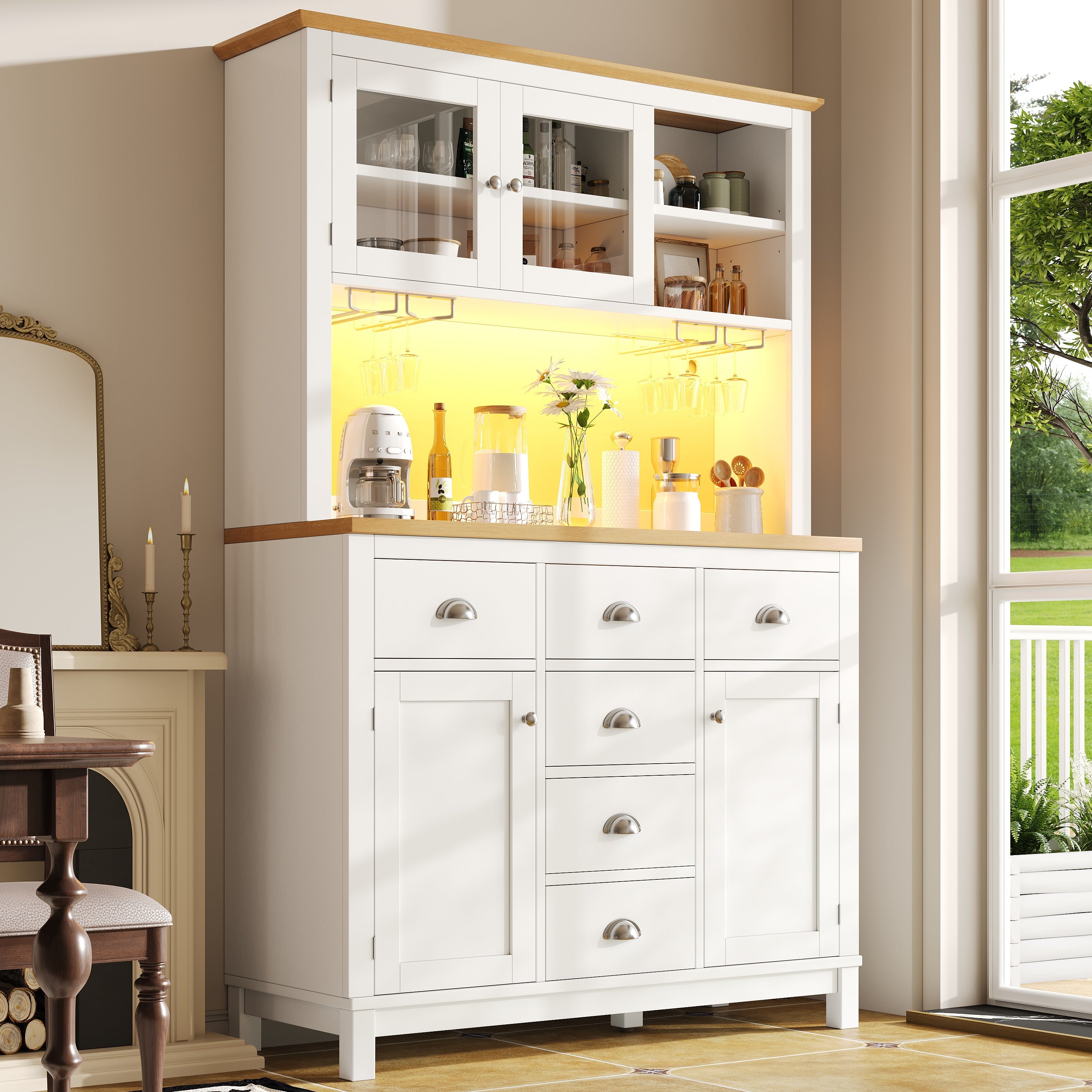 Sideboard Buffet Cabinet with 4 Doors and LED Light Strip, Green and White