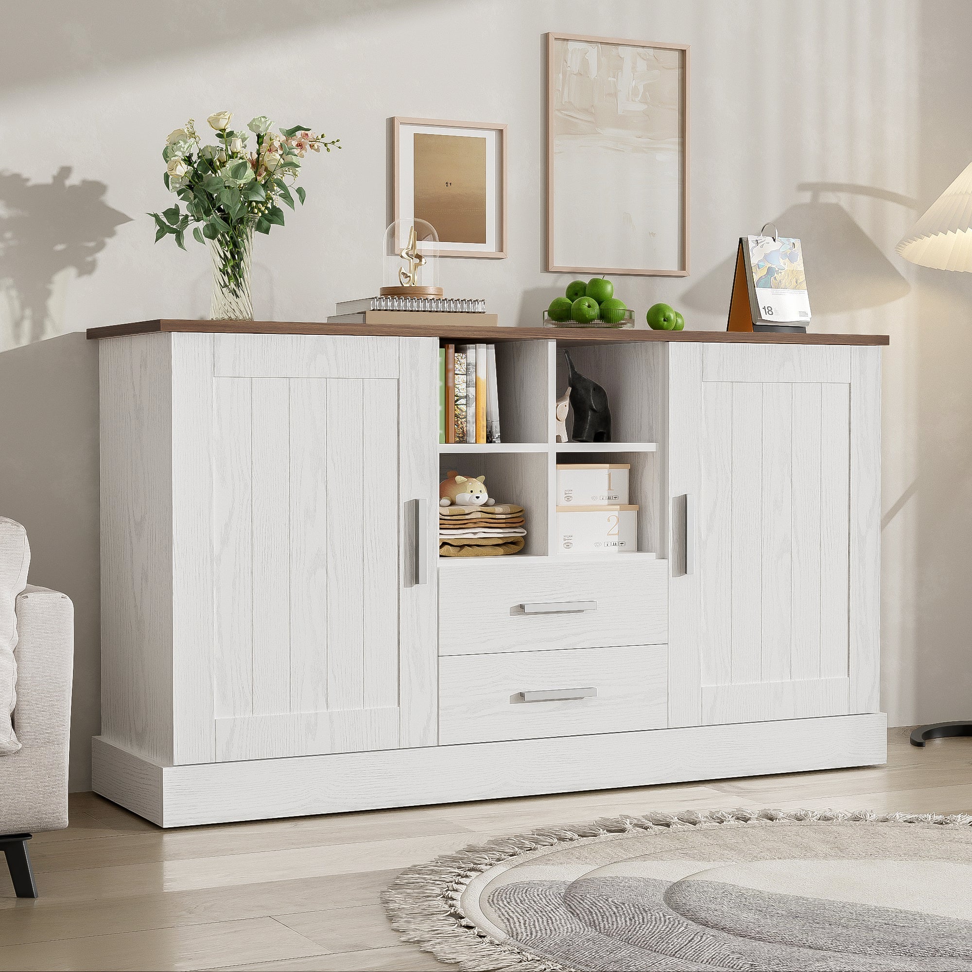 Sideboard 140x40x79.5cm, 2 Doors 2 Drawers, White and Brown Wood Grain
