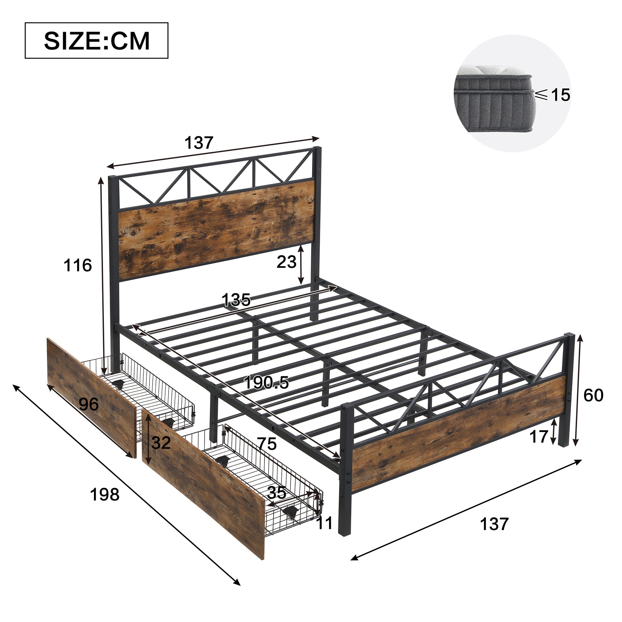 Metal Bed 4ft6 Double 135x190cm with 2 Drawers, Durable Sturdy Multifunctional Iron Storage Bed, Black+Wood Color