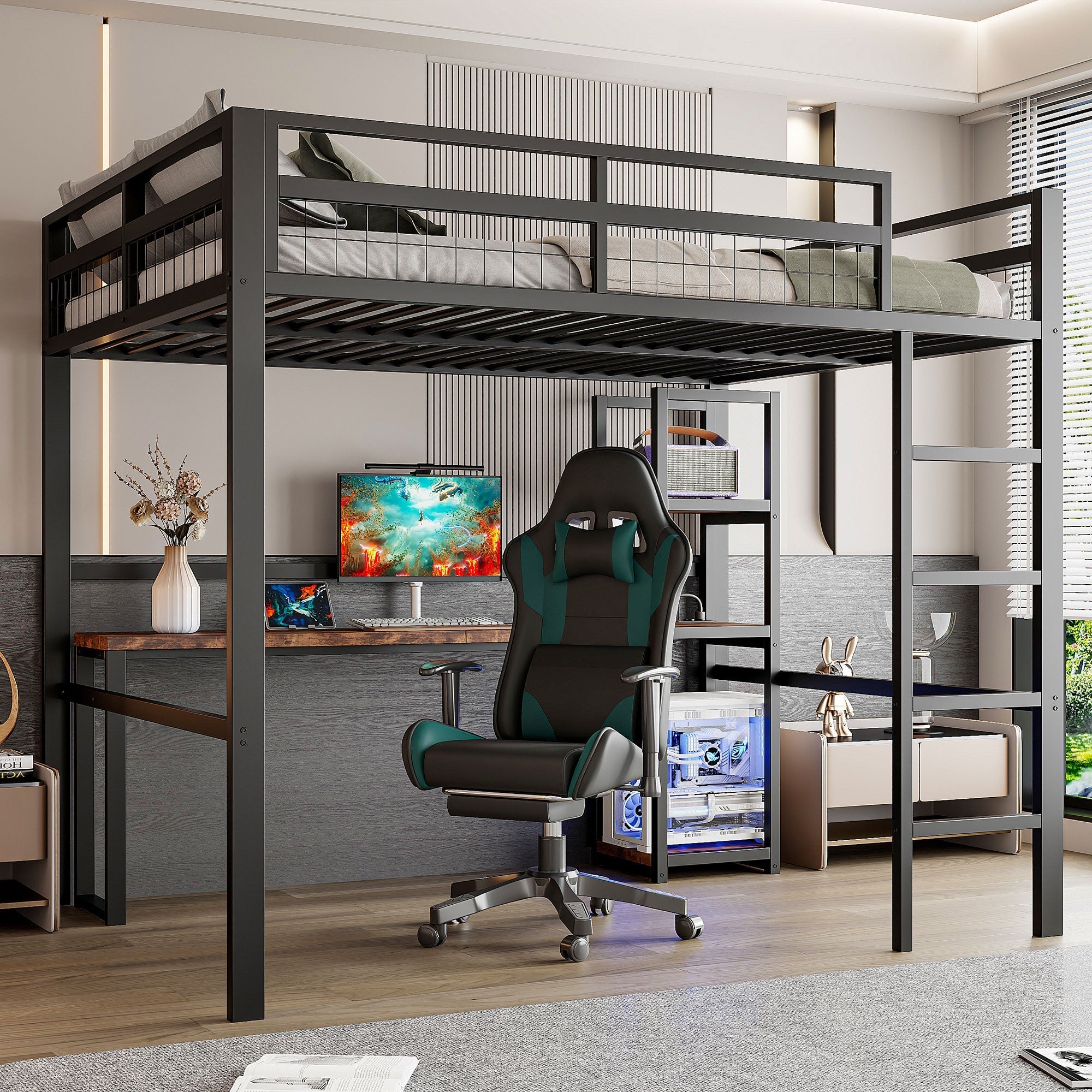Loft Bed 140x200cm Iron Frame Desk Shelves Power USB/Type-C - Black