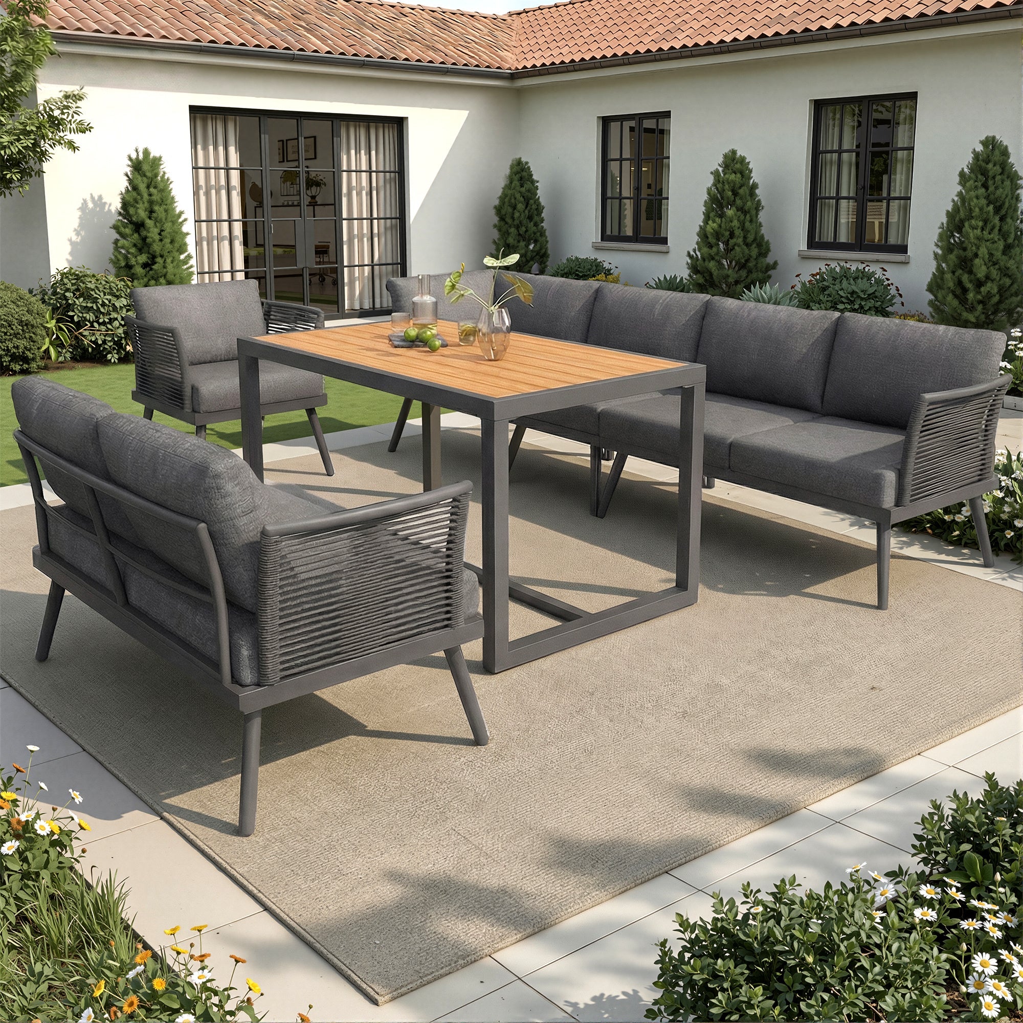 Seven-Seater L-Shaped Garden Sofa Set with Coffee Table and Armchair, Iron and Wood, Grey/Beige