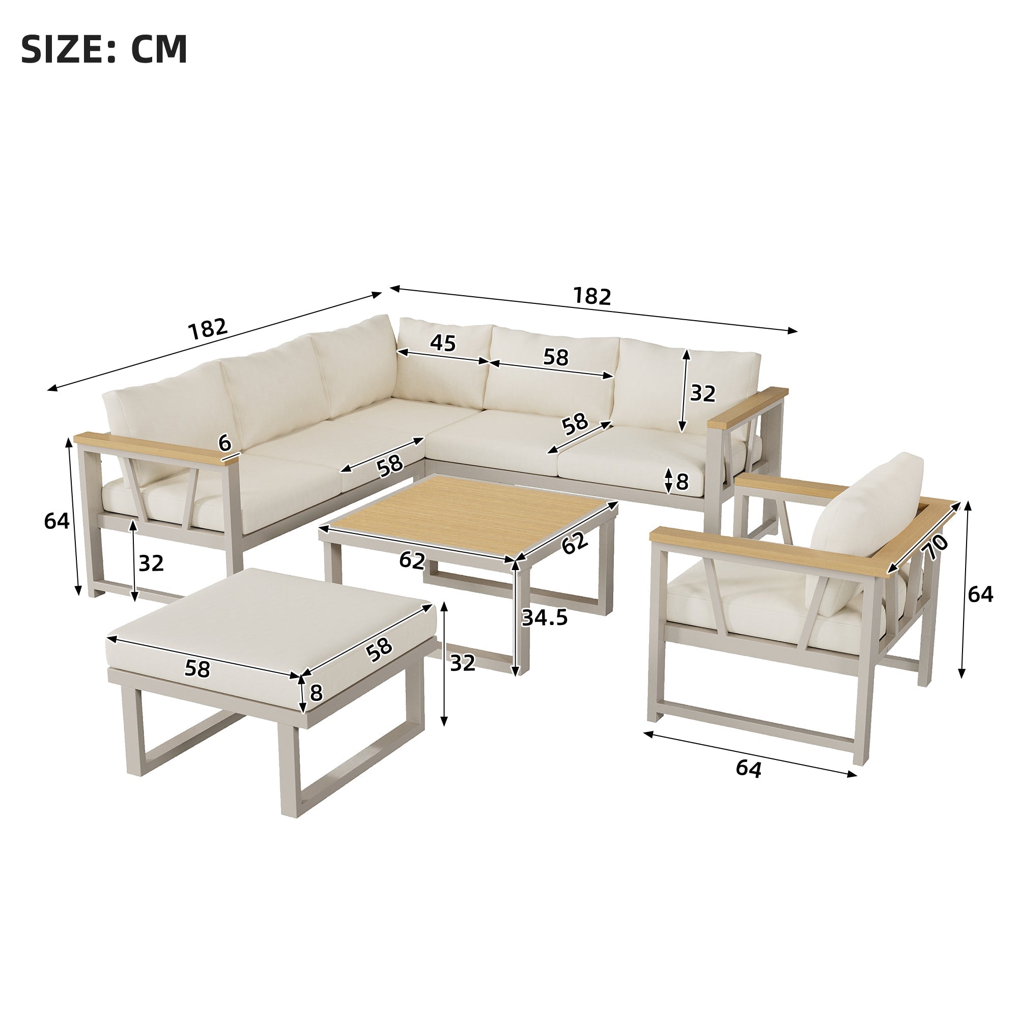 Corner Garden Furniture Set with Coffee Table, Seats 7, Khaki and Beige