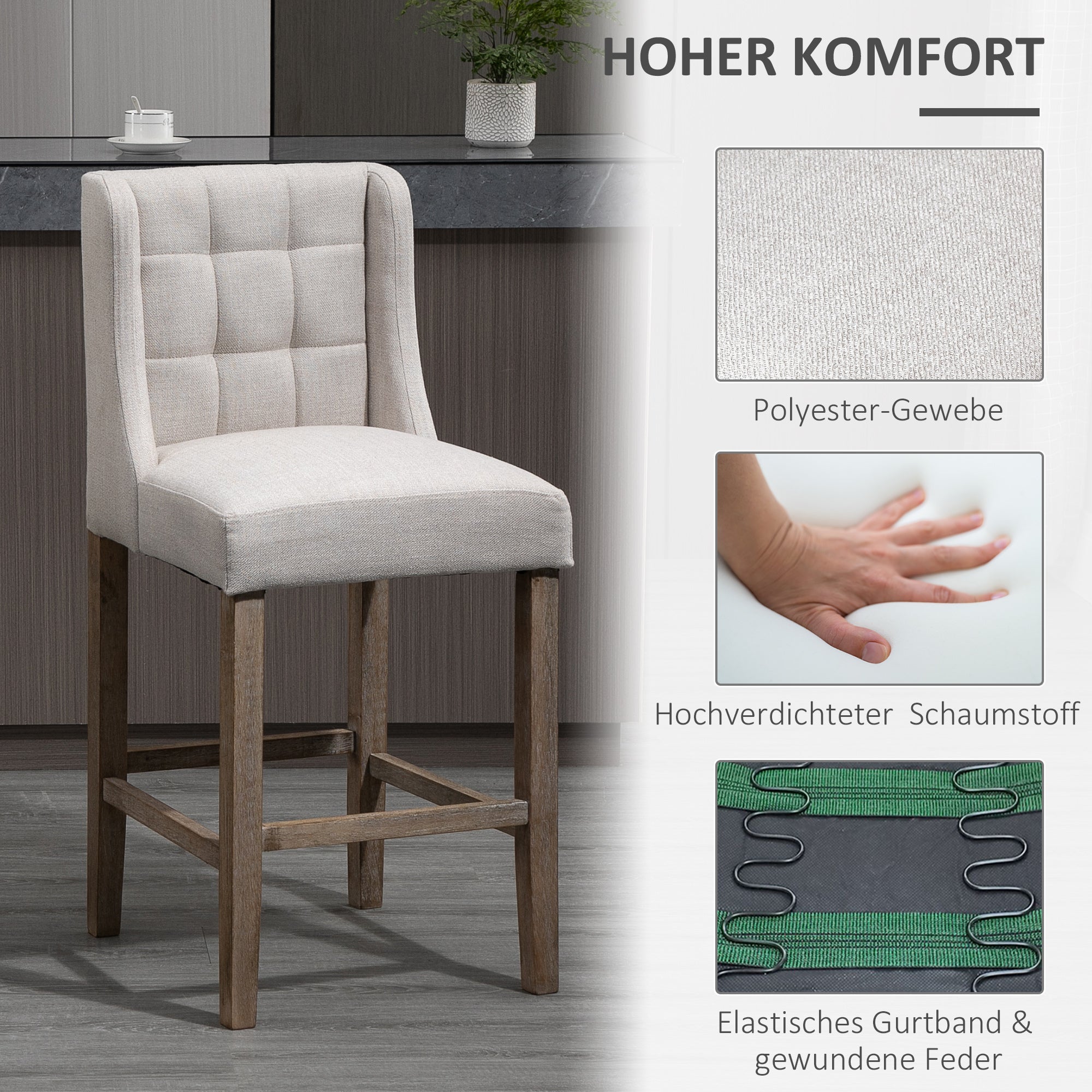 Set of 2 Bar Stools with Backrest, Solid Wood, Grey + Natural