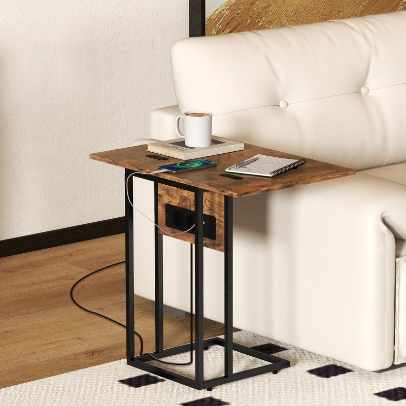Foldable Side Table USB Charging Station 39x29x57cm - Brown Metal