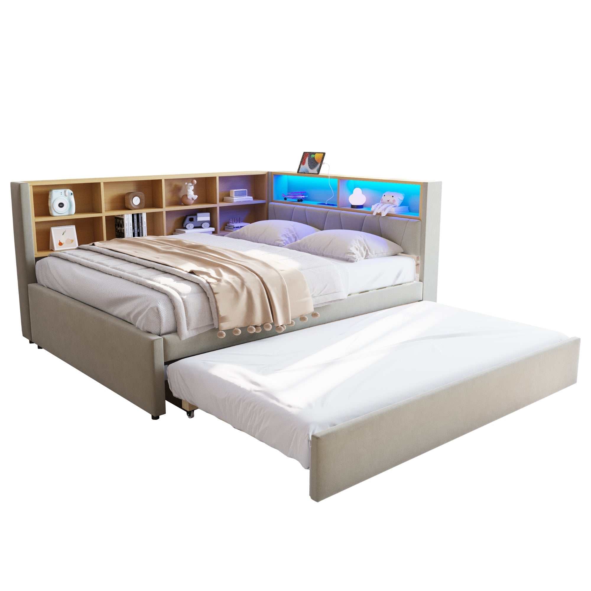 Sofa Bed 140x200, Pull-out Bed 90x190, LED Lights, Storage, Upholstered, Flannel, Light Gray