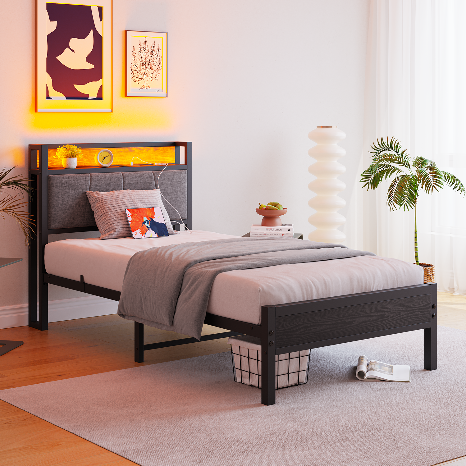90x200cm Bed Frame Smart LED Lights USB Charging Headboard - Metal