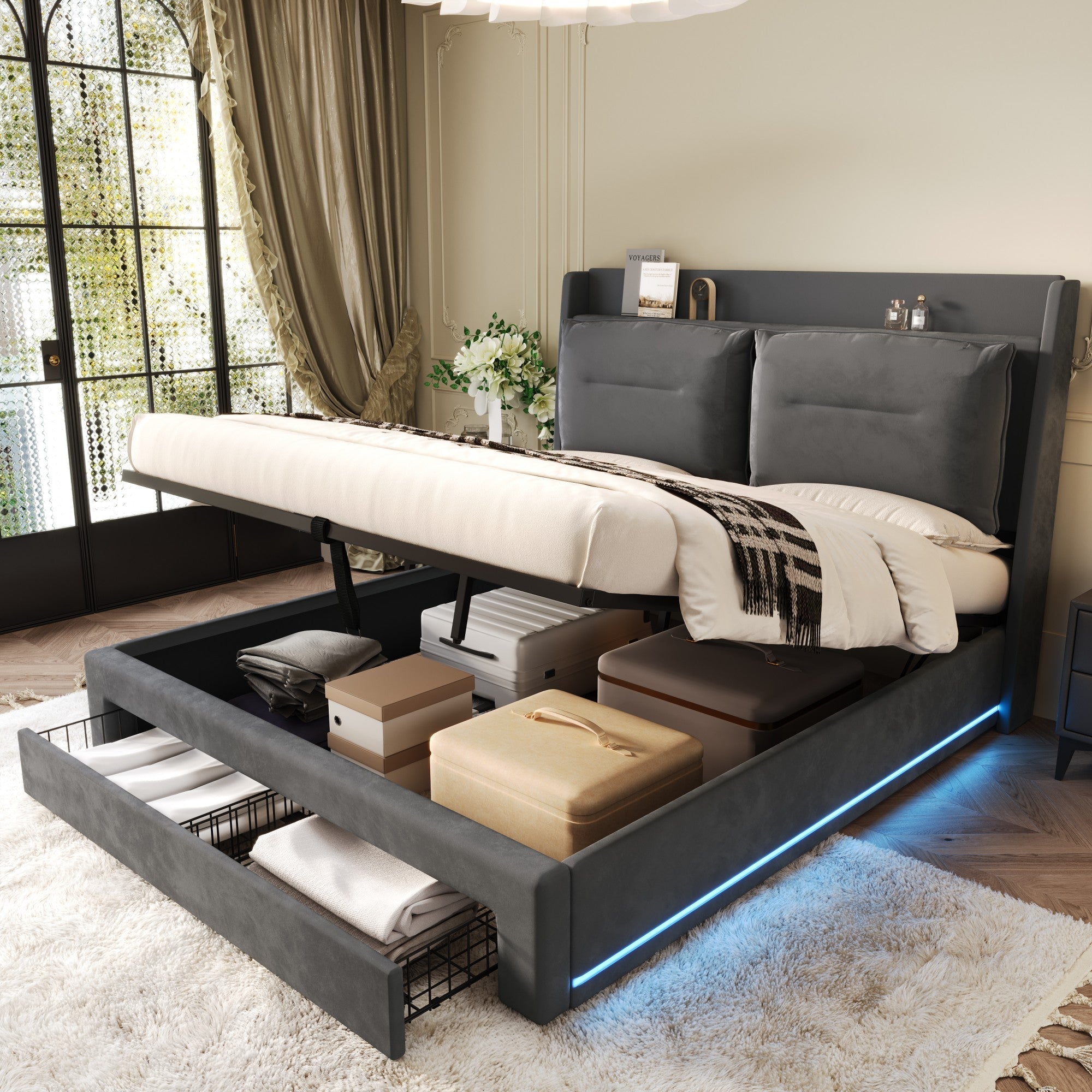 Upholstered Bed 180x200cm Hydraulic Storage LED Light Drawers - Velvet Dark Grey