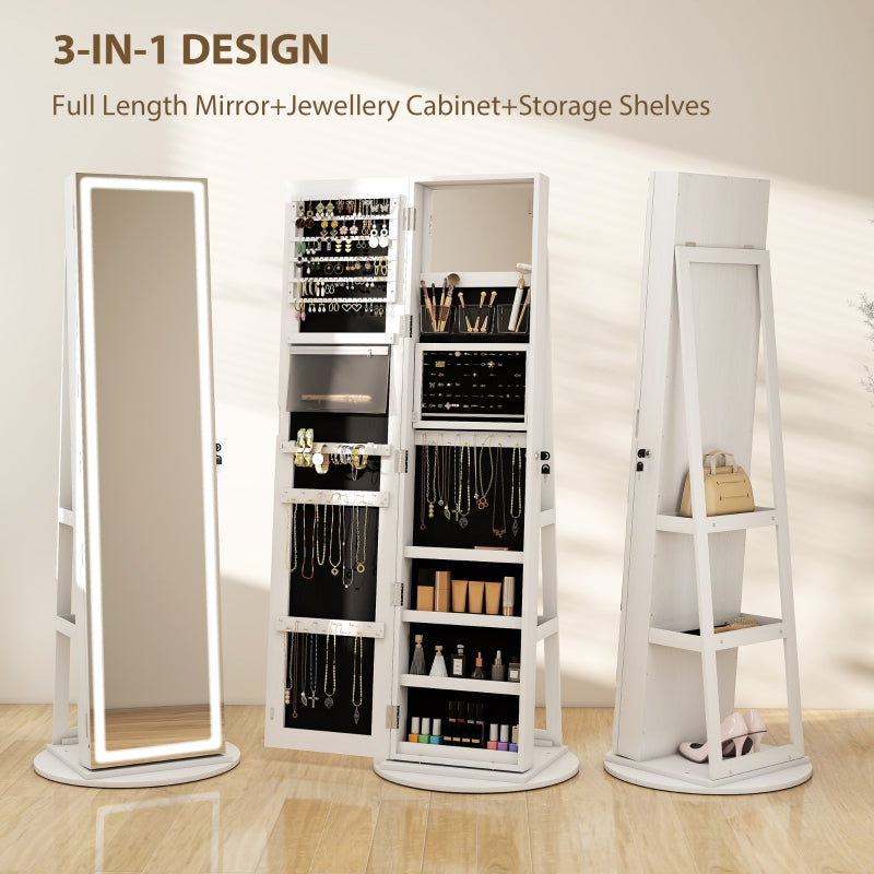 360° Swivel Mirror Jewellery Cabinet, LED Lights Lockable Storage Full Length, White